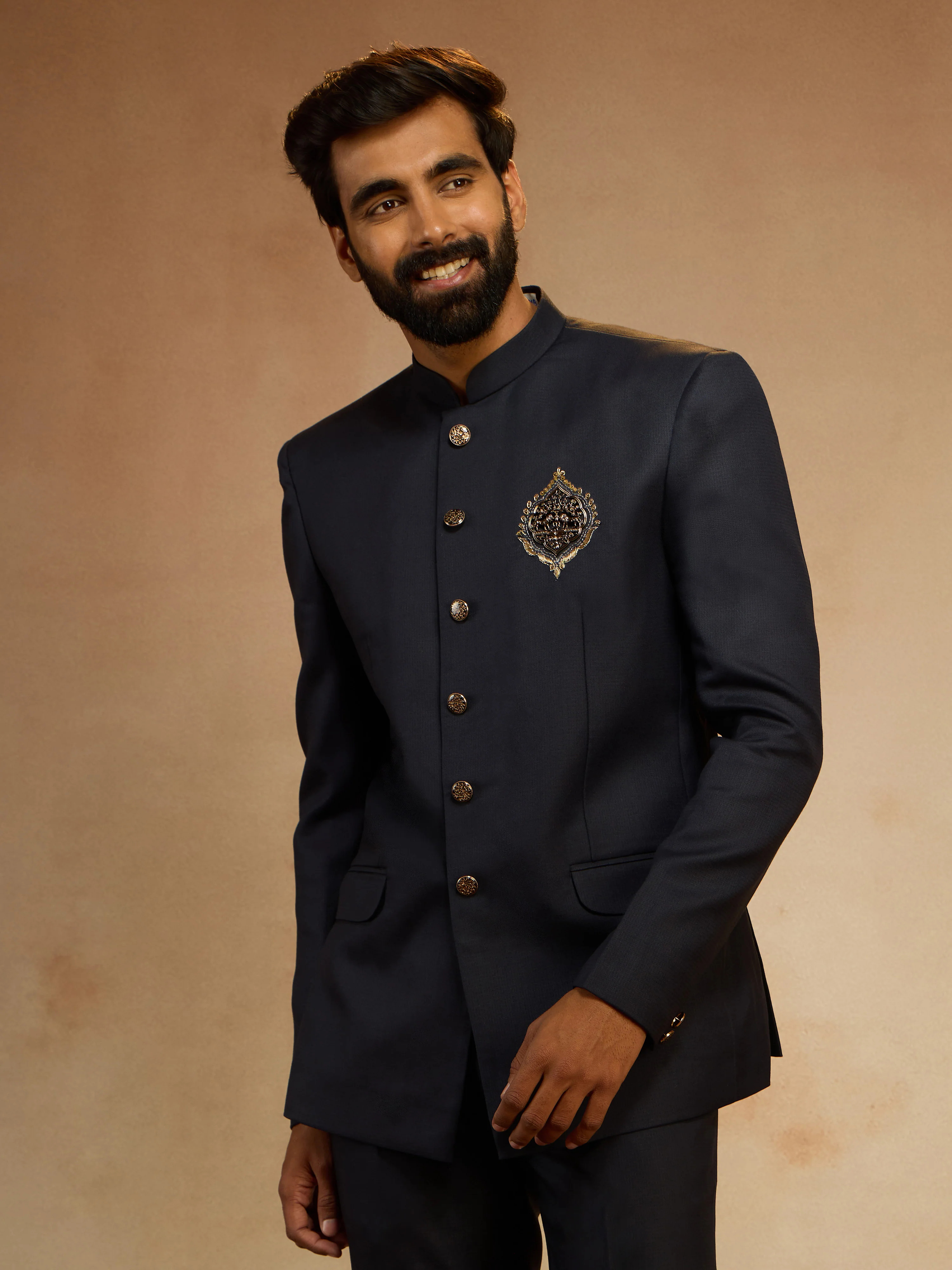 Men's Navy Blue Zardozi Sequin Embroidered Imported Suiting Lycra Jodhpuri - Image 4