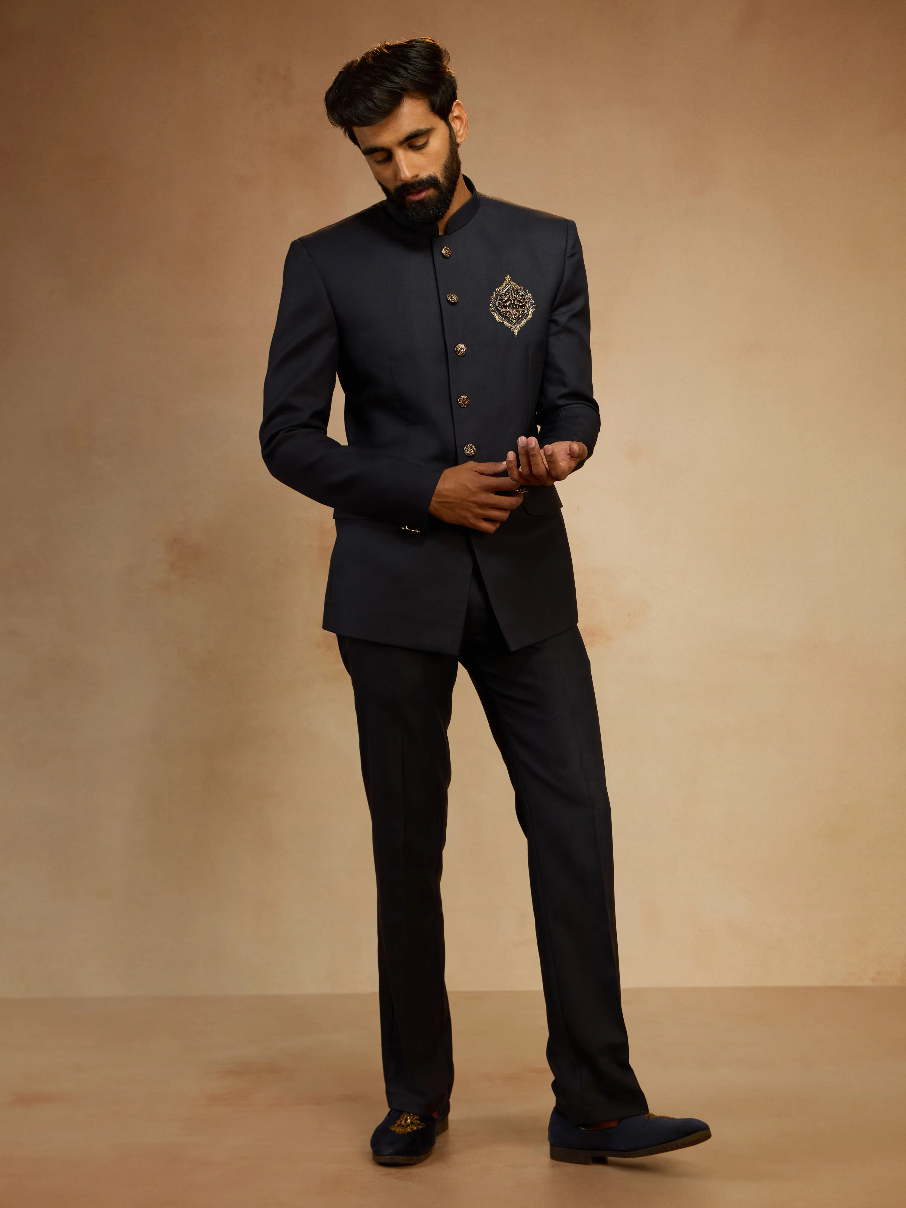 Men's Navy Blue Zardozi Sequin Embroidered Imported Suiting Lycra Jodhpuri - Image 6