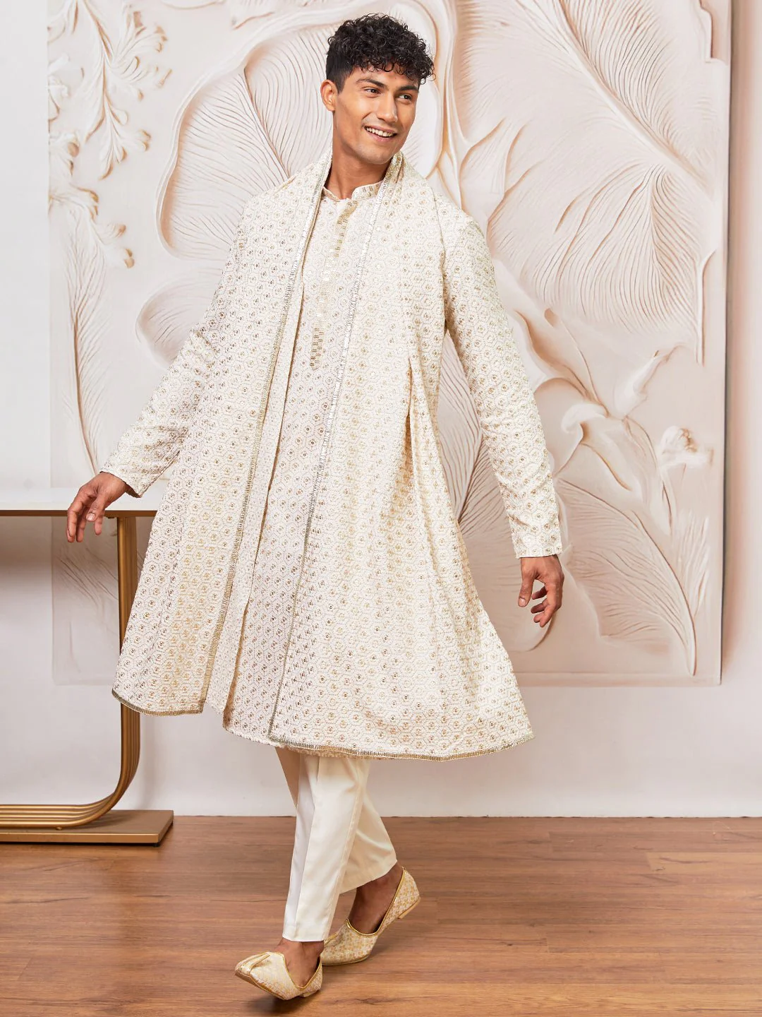 Men's Off White Chikankari Embroidered Kurta Set with Cream Satin Pyjama & Embroidered Dupatta - Image 4