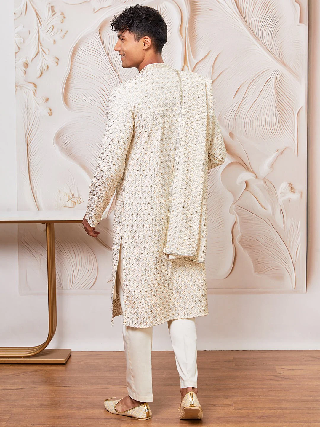 Men's Off White Chikankari Embroidered Kurta Set with Cream Satin Pyjama & Embroidered Dupatta - Image 5