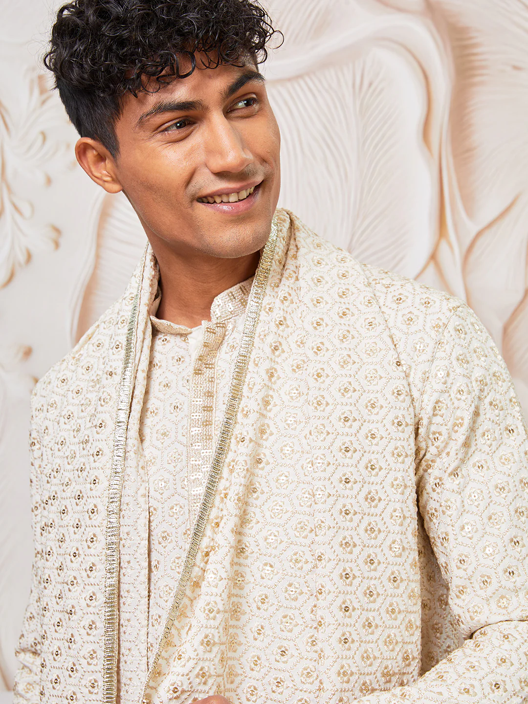 Men's Off White Chikankari Rayon Kurta with Silk Dupatta Set - Image 3