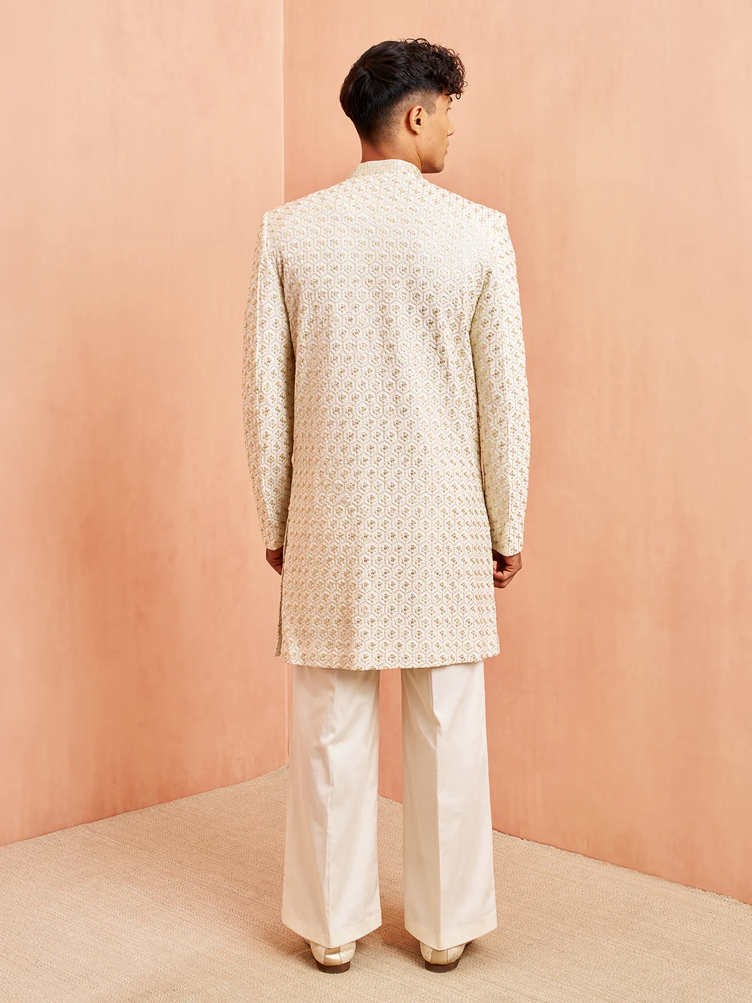 Men's Off White Indo-Western with Cream Pant Set - Image 5