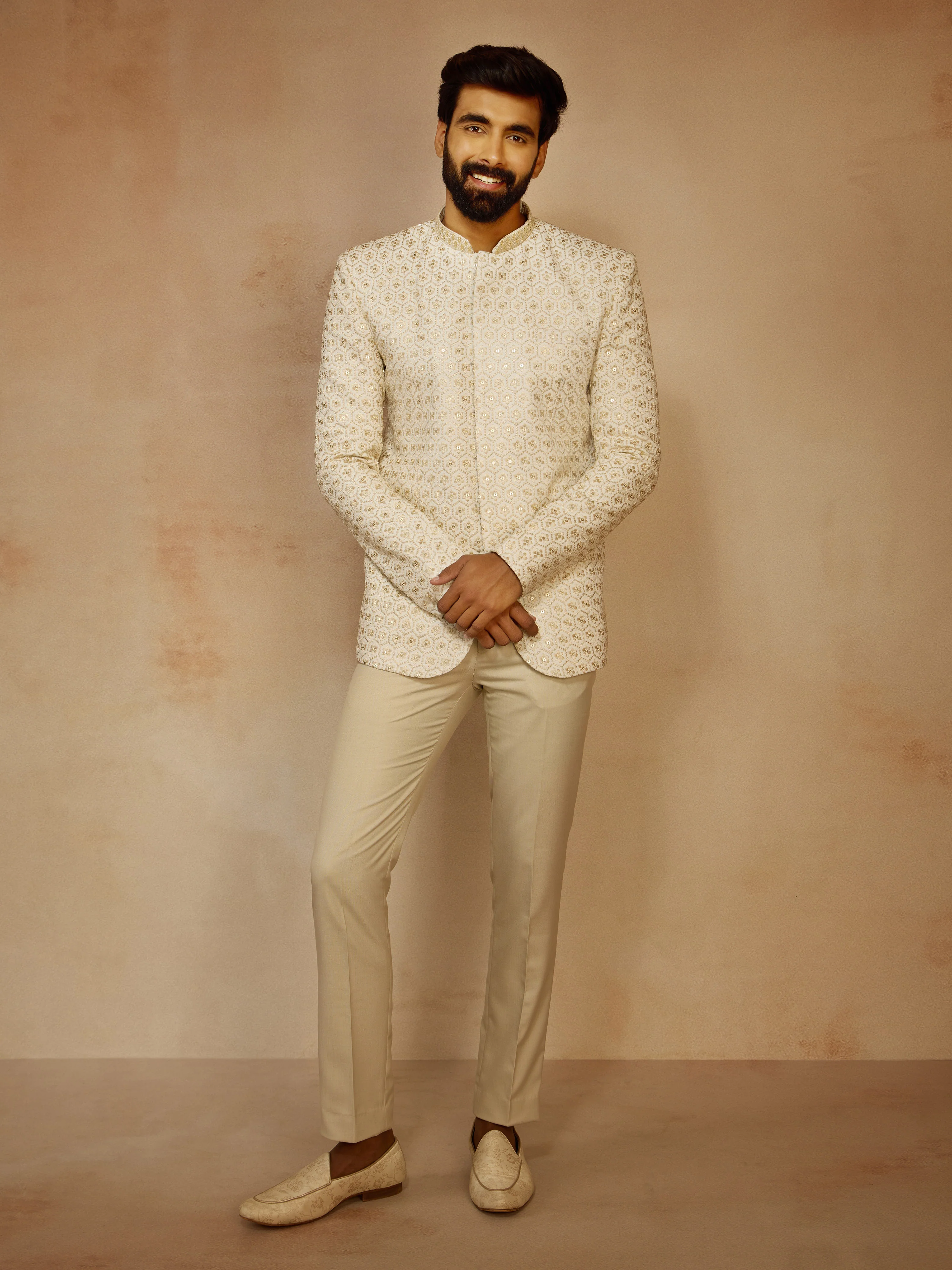 Men's Off White Sequin Embroidered Jodhpuri Jacket - Image 5