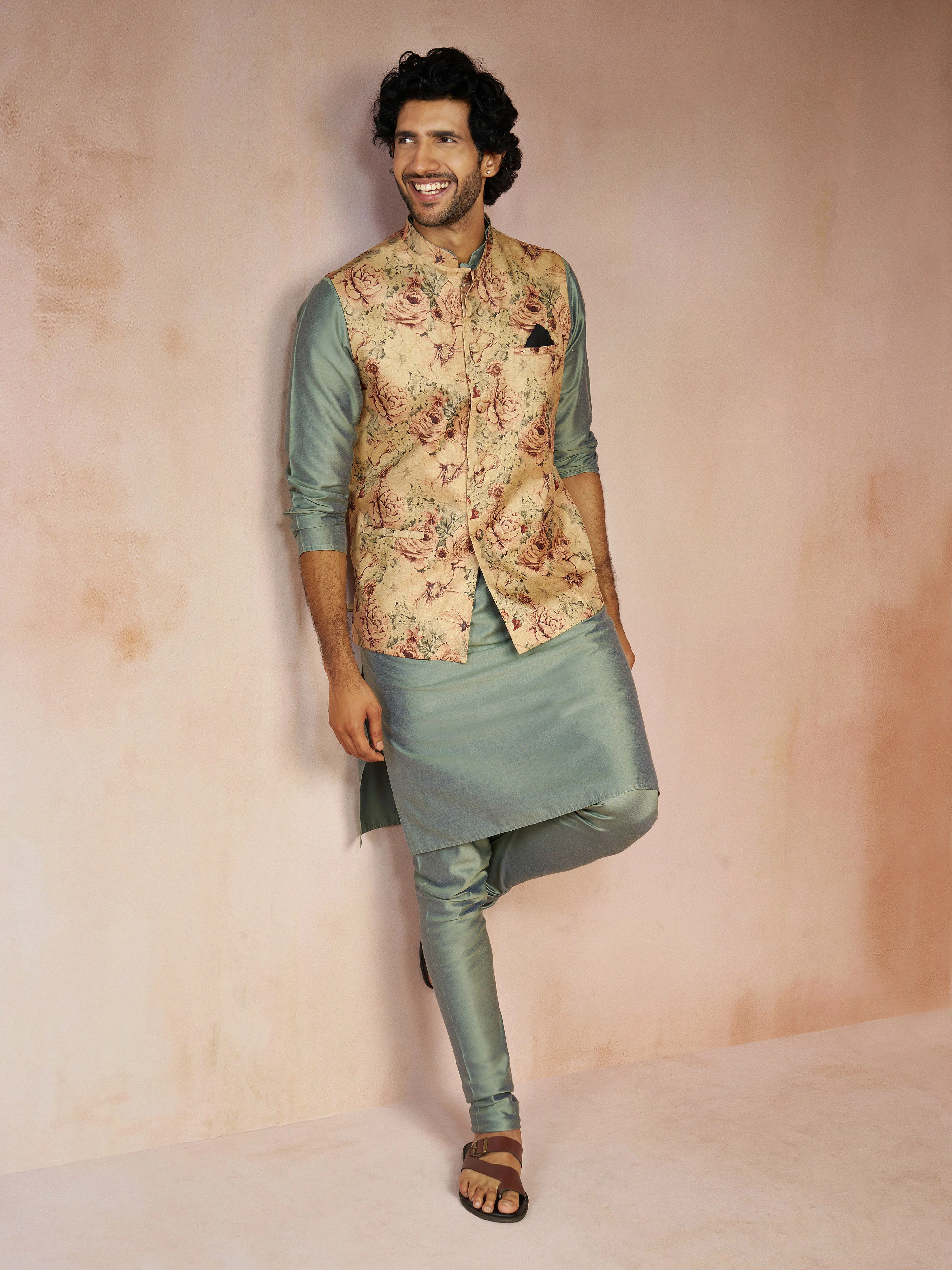 Men's Olive Green Silk Blend Kurta with Nehru Jacket & Churidar Set