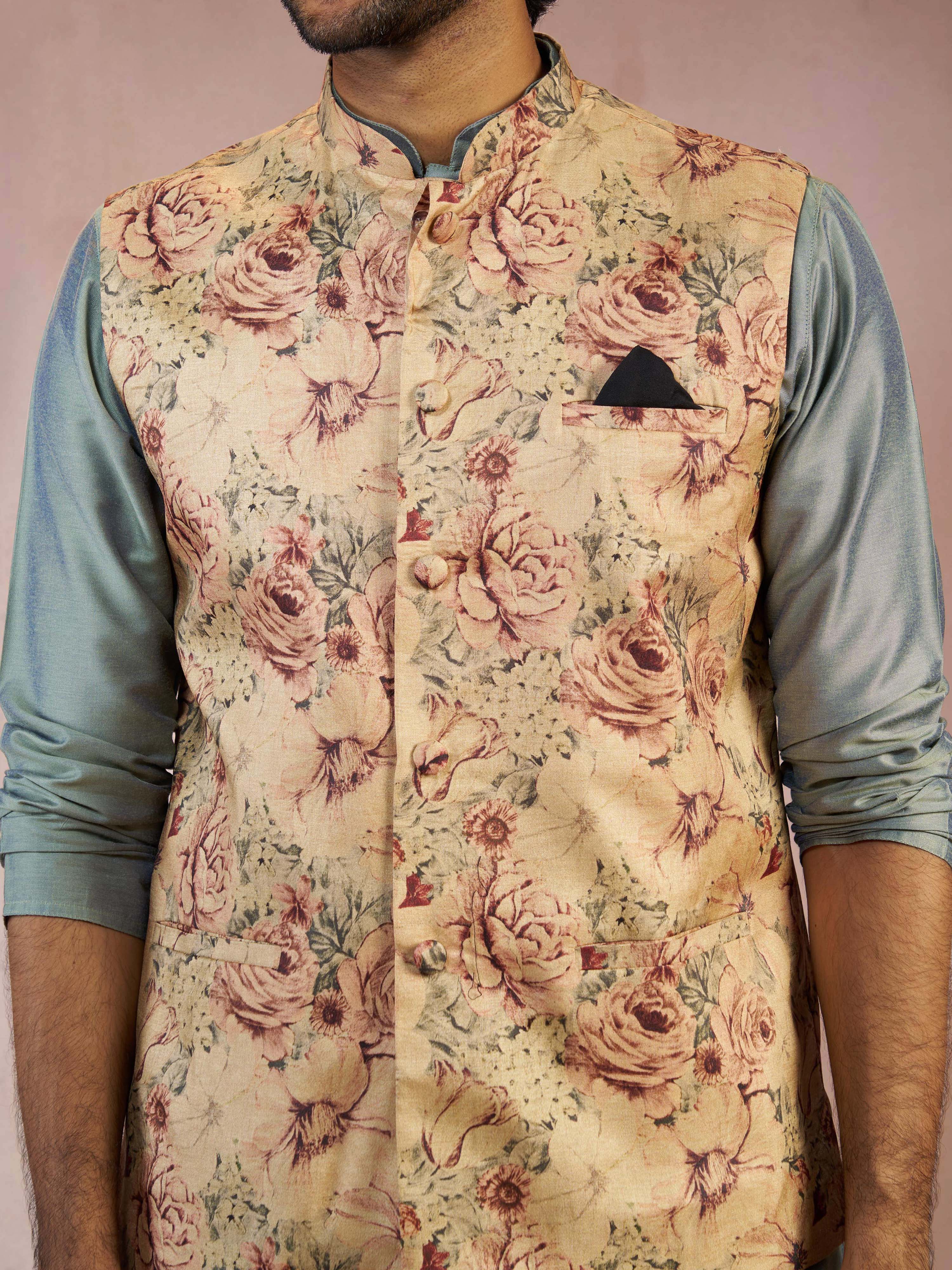 Men's Olive Green Silk Blend Kurta with Nehru Jacket & Churidar Set - Image 2