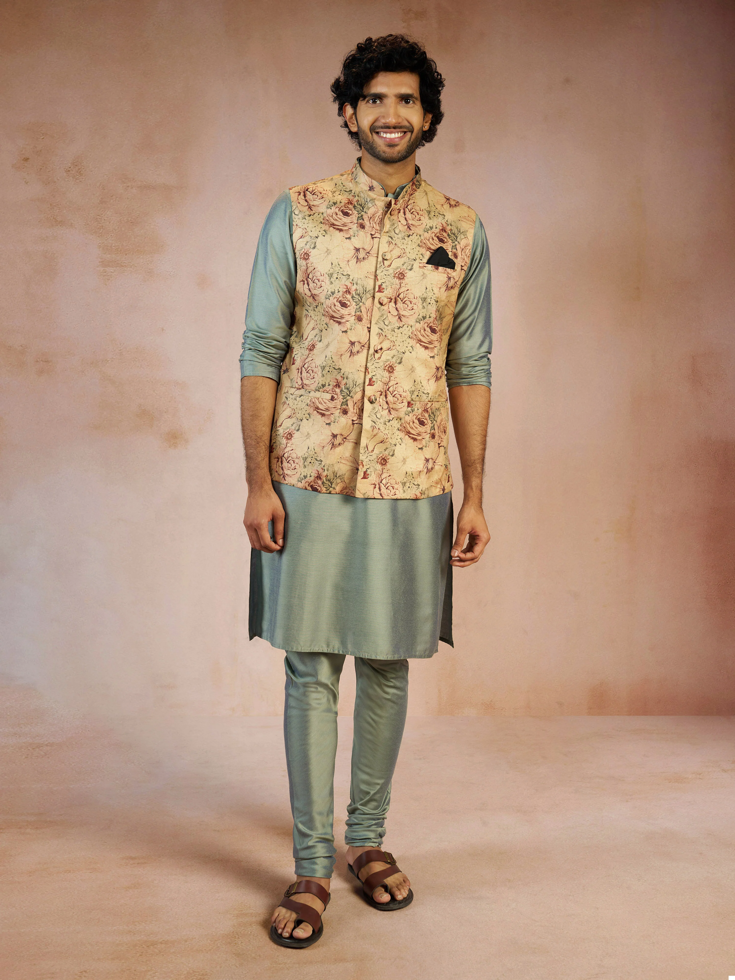 Men's Olive Green Silk Blend Kurta with Nehru Jacket & Churidar Set - Image 3