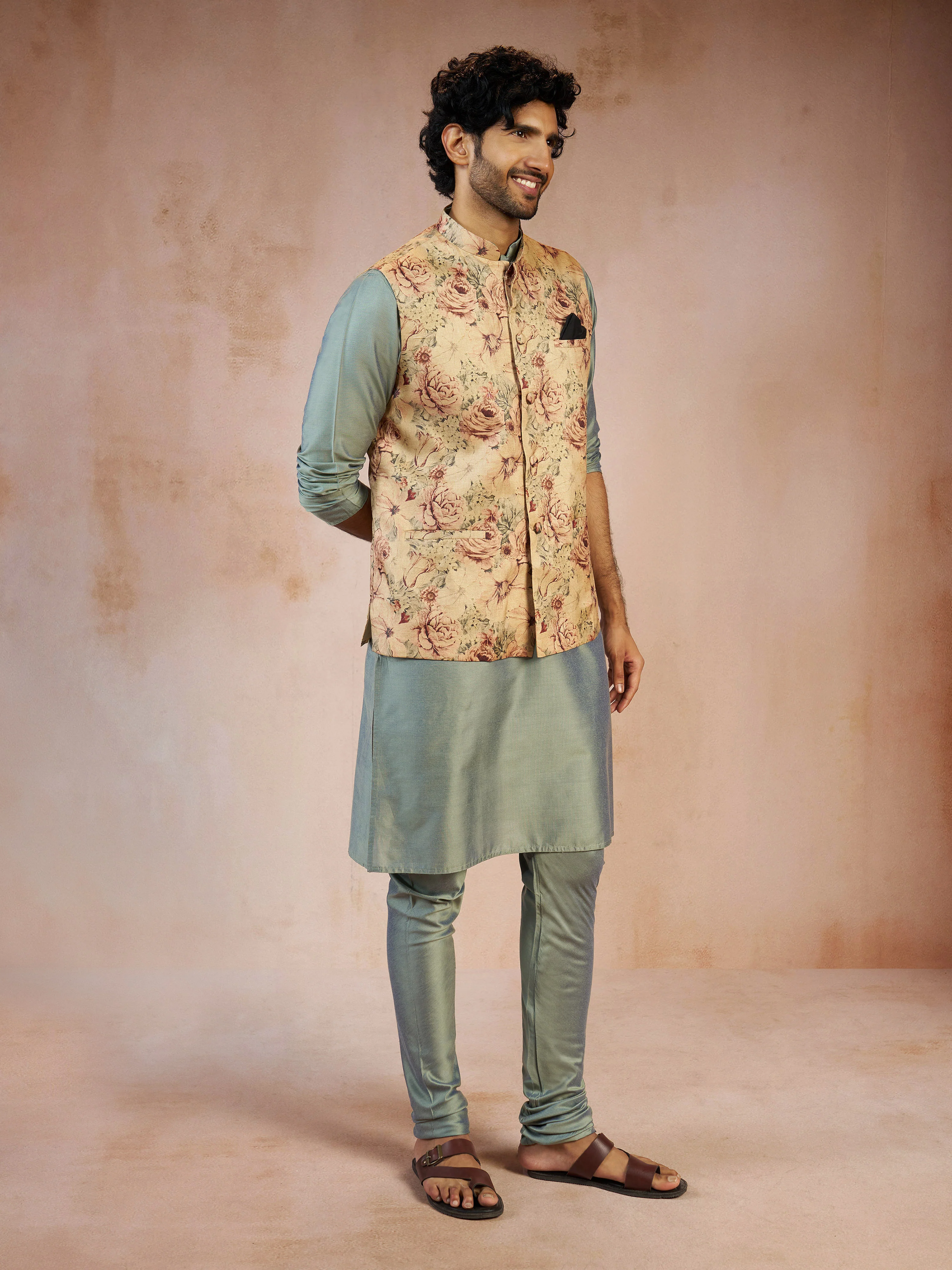 Men's Olive Green Silk Blend Kurta with Nehru Jacket & Churidar Set - Image 4