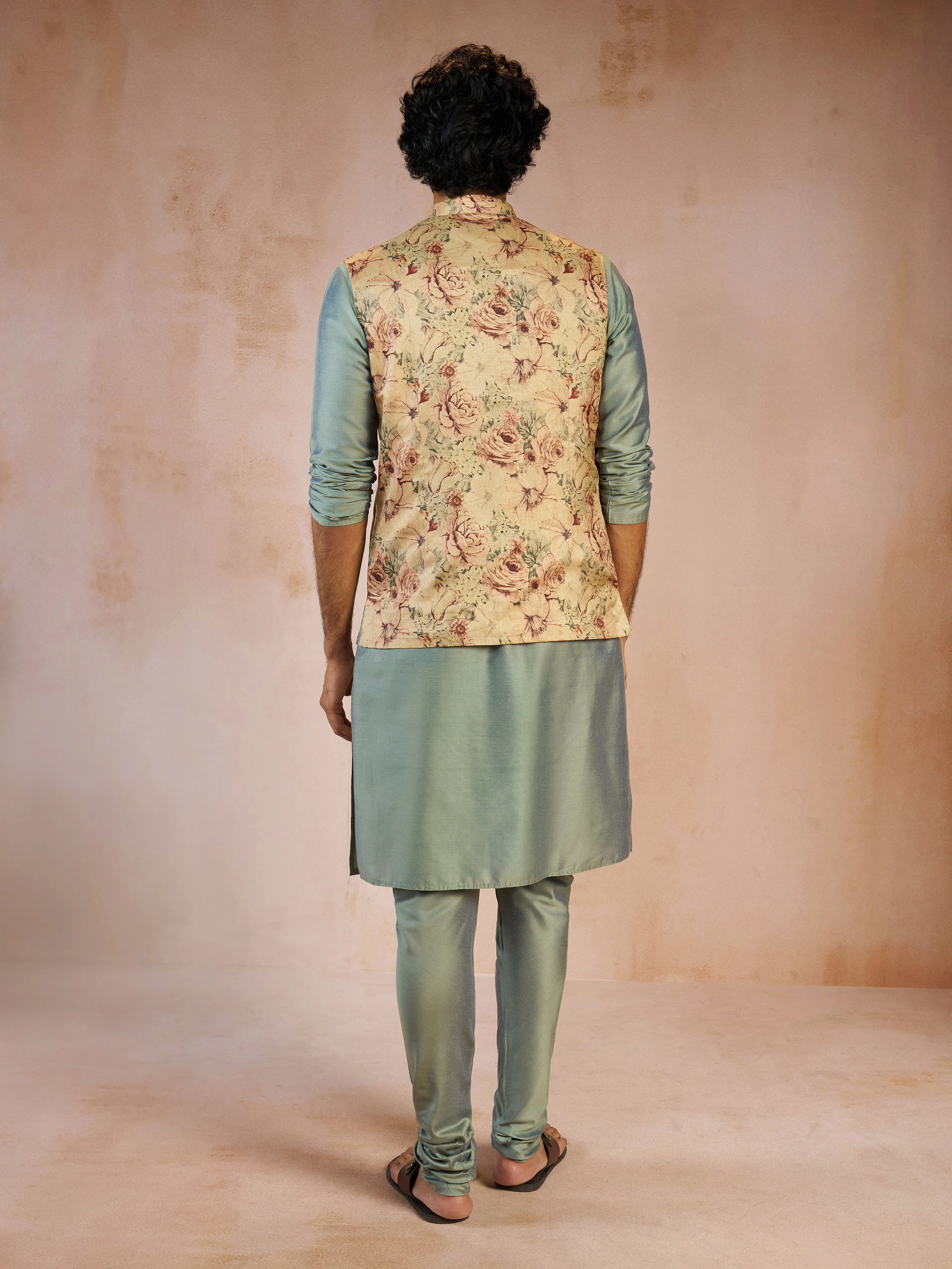 Men's Olive Green Silk Blend Kurta with Nehru Jacket & Churidar Set - Image 5