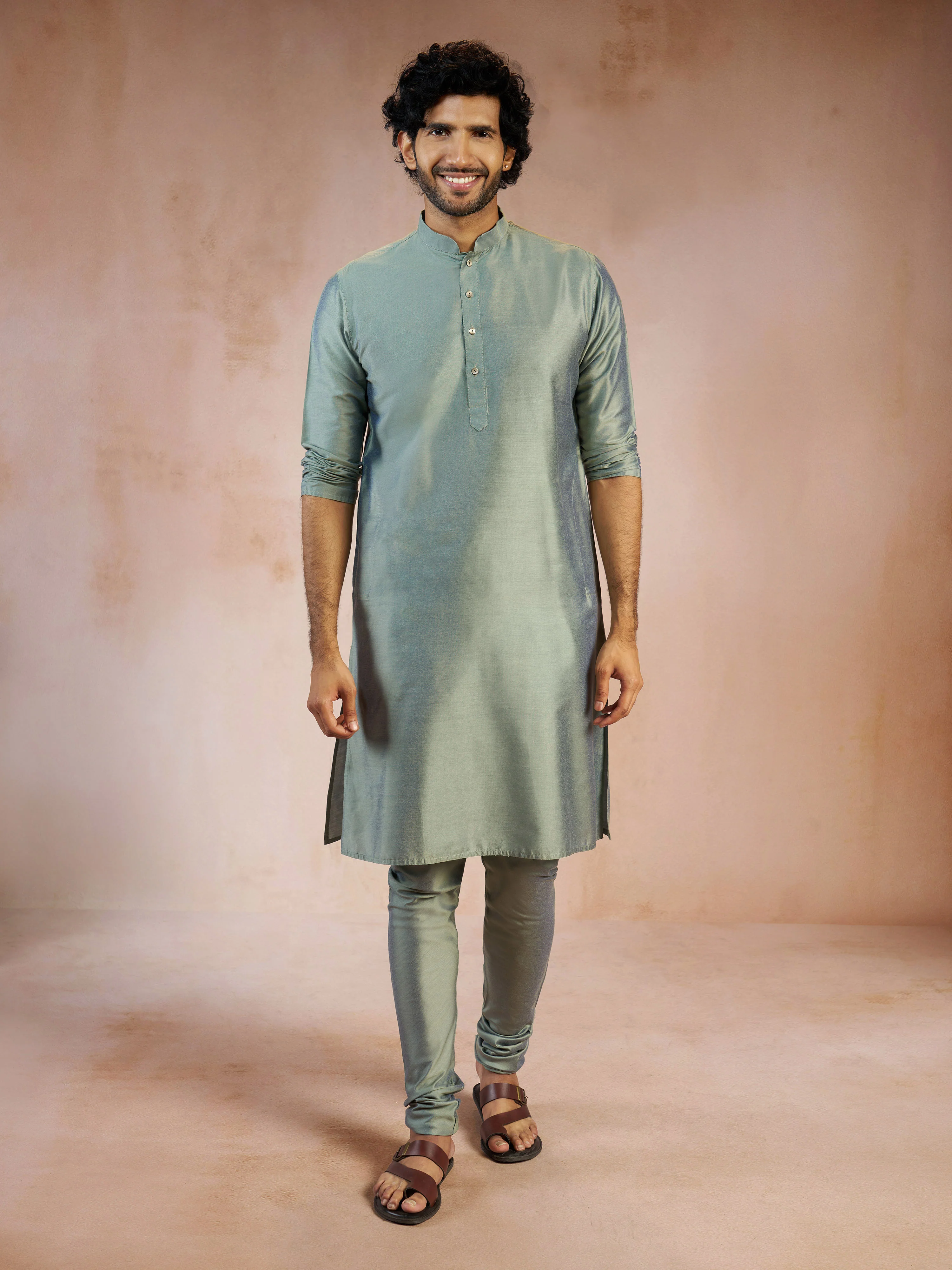 Men's Olive Green Silk Blend Kurta with Nehru Jacket & Churidar Set - Image 6