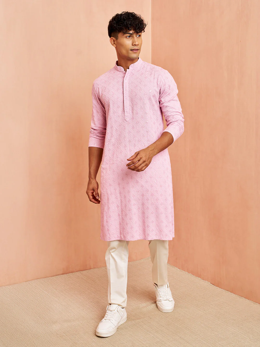 Men's Onion Chikankari Kurta with Cream Pant Set - Image 3