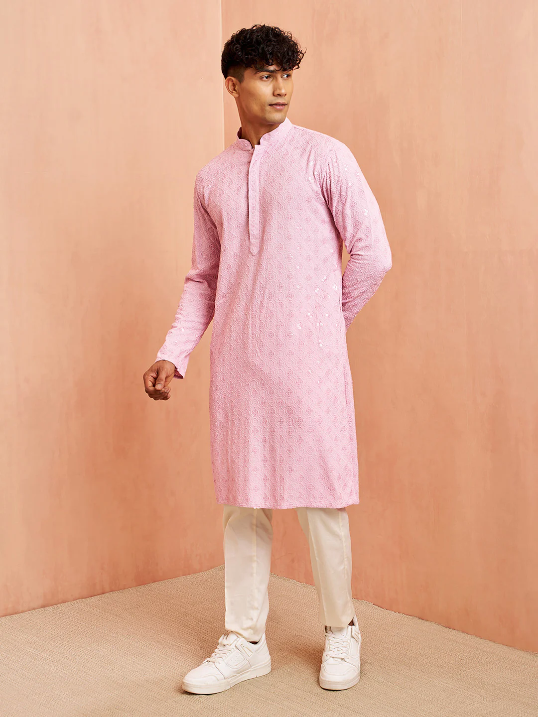 Men's Onion Chikankari Kurta with Cream Pant Set - Image 4