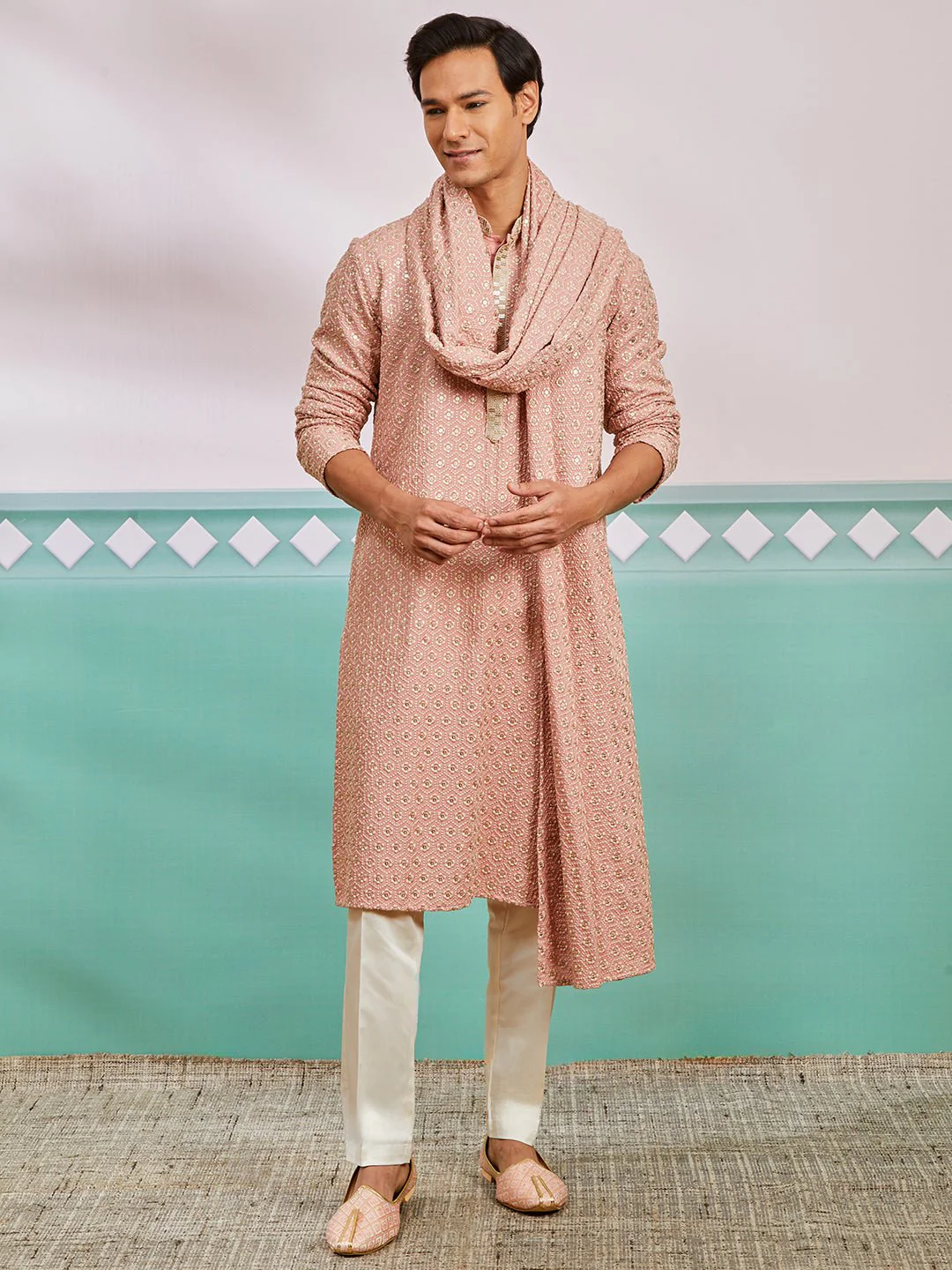 Men's Peach Chikankari Rayon Kurta with Cream Pyjama & Peach Embroidered Dupatta - Image 4