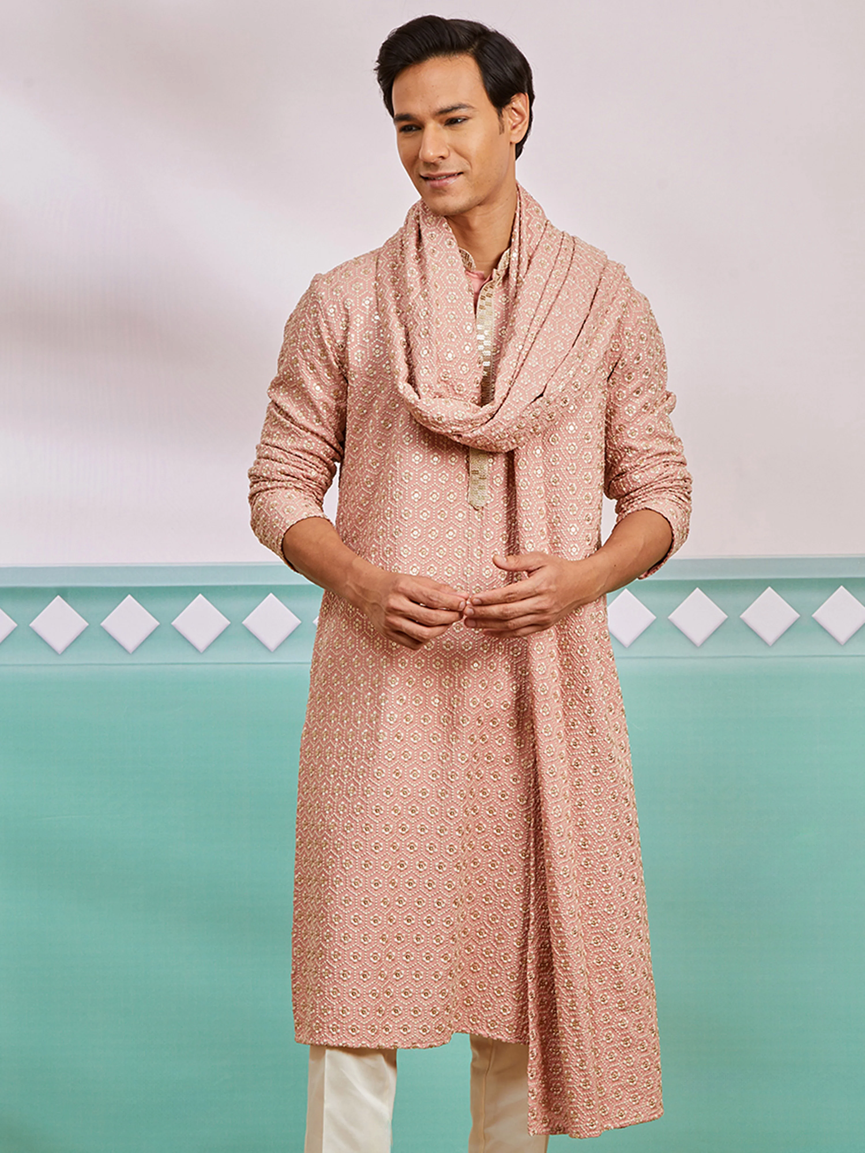 Men's Peach Chikankari Rayon Kurta with Silk Dupatta Set - Image 3