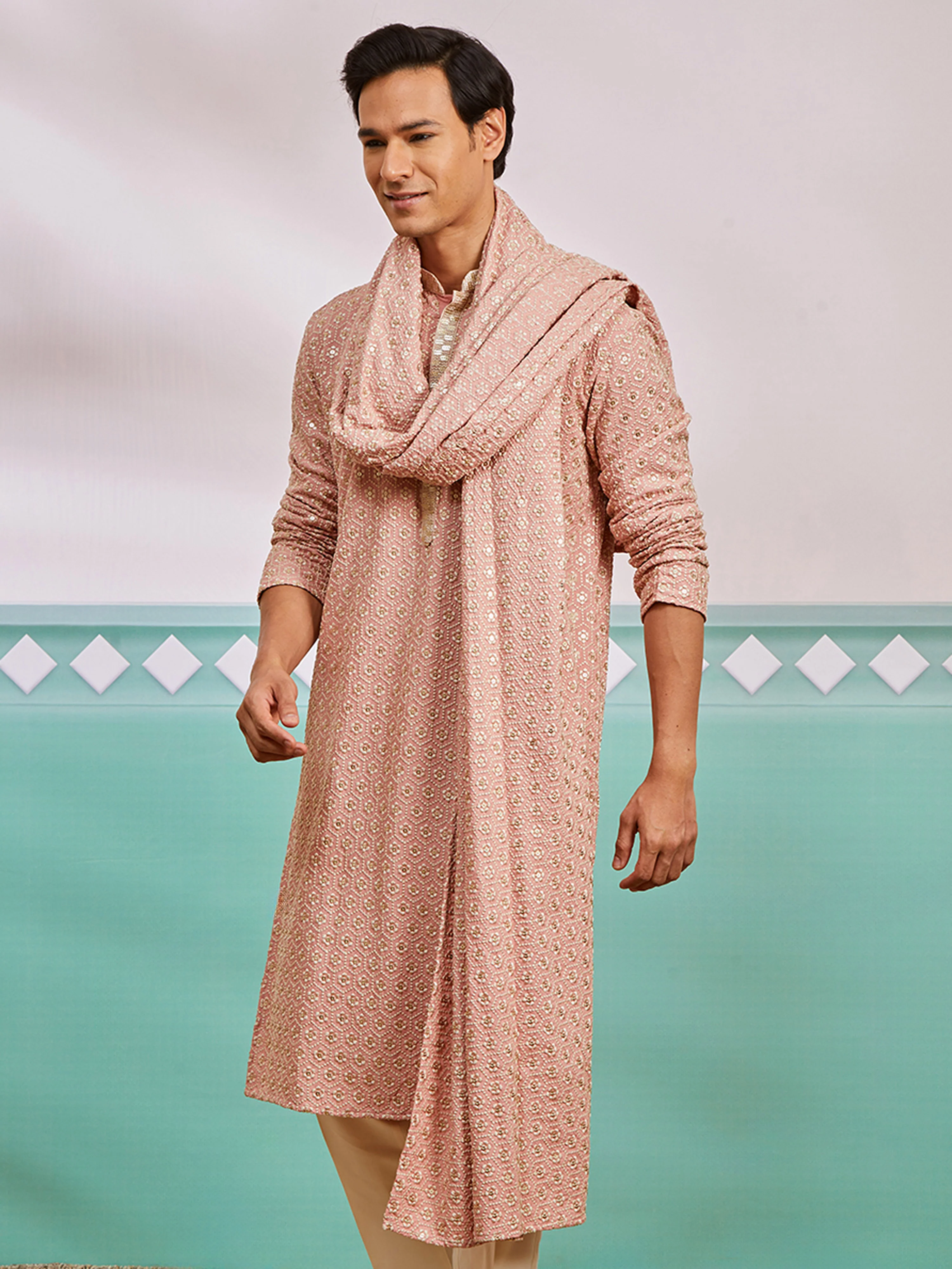 Men's Peach Chikankari Rayon Kurta with Silk Dupatta Set - Image 4