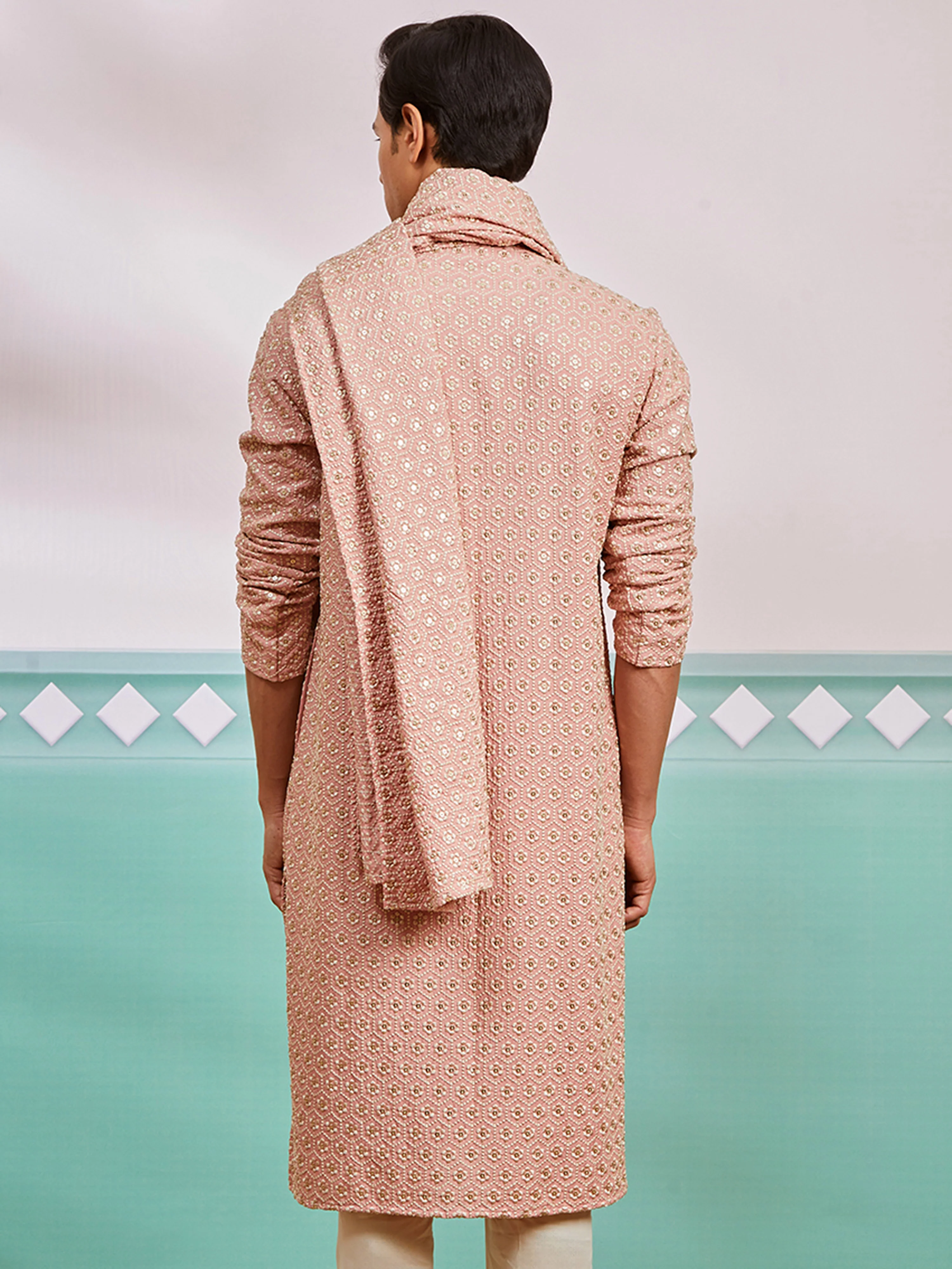 Men's Peach Chikankari Rayon Kurta with Silk Dupatta Set - Image 5