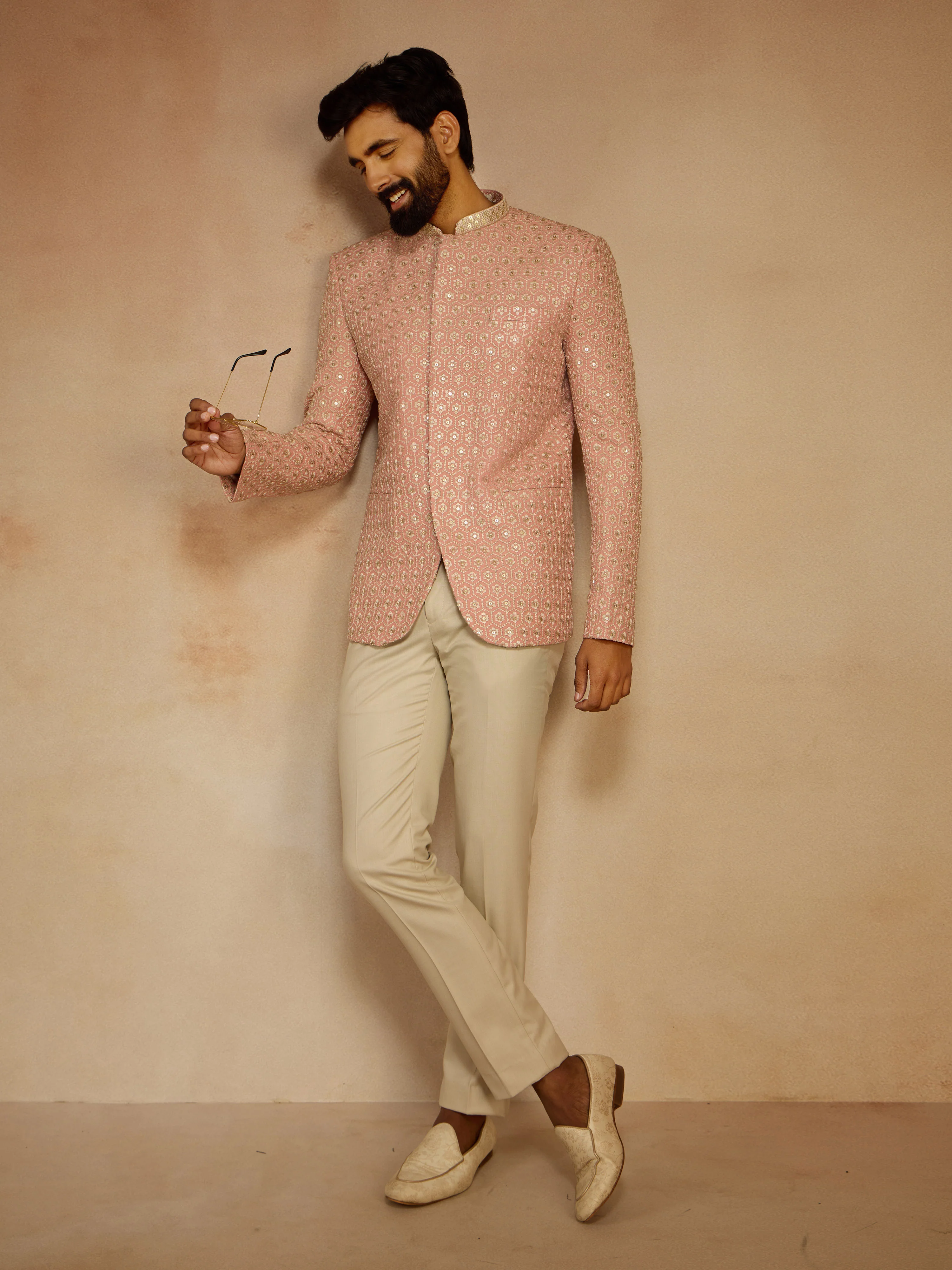 Men's Peach Sequin Embroidered Jodhpuri Jacket - Image 5
