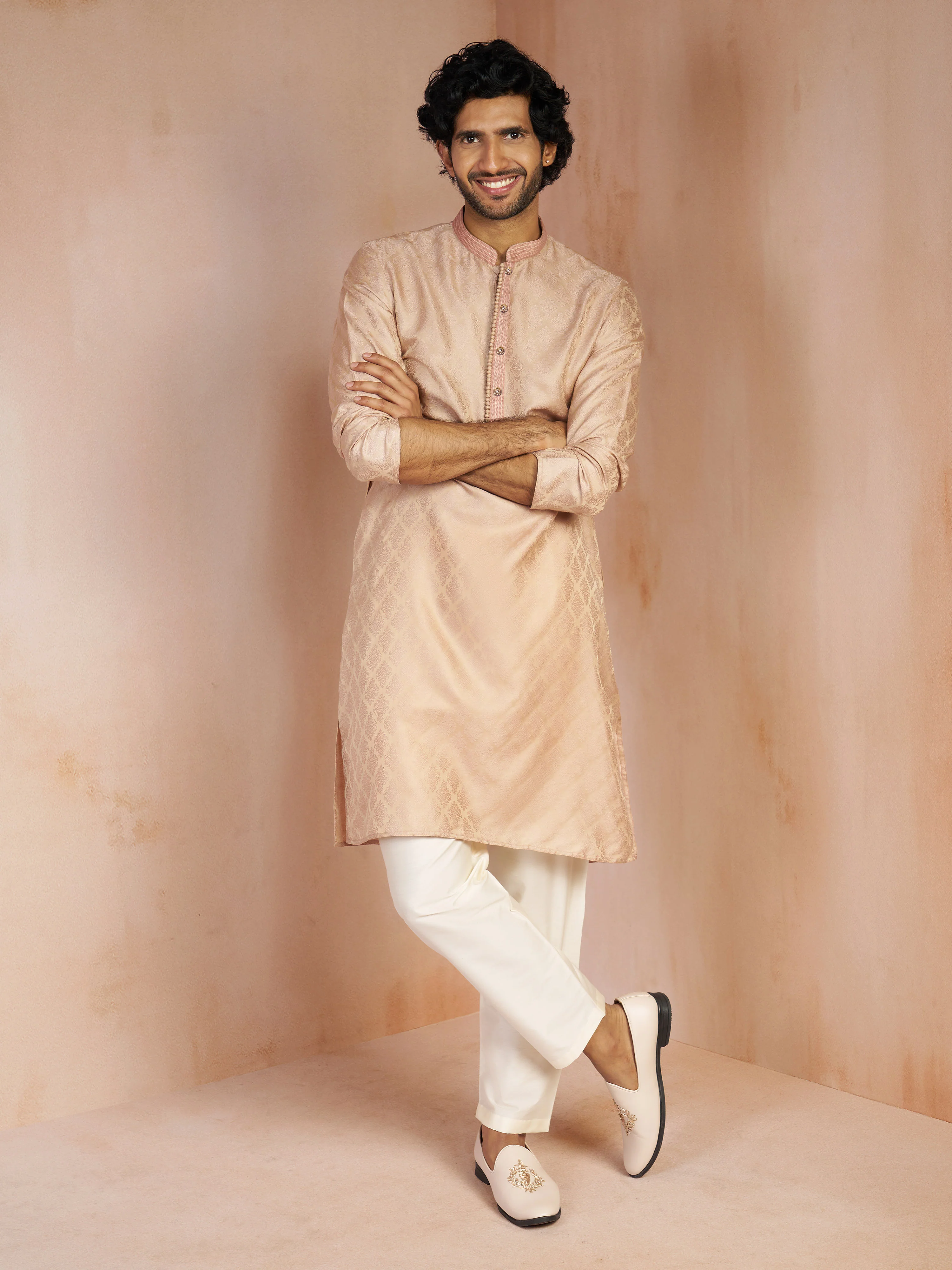Men's Peach Silk Blend Jacquard Thread Embroidery Long Kurta with Cream Viscose Pyjama Set