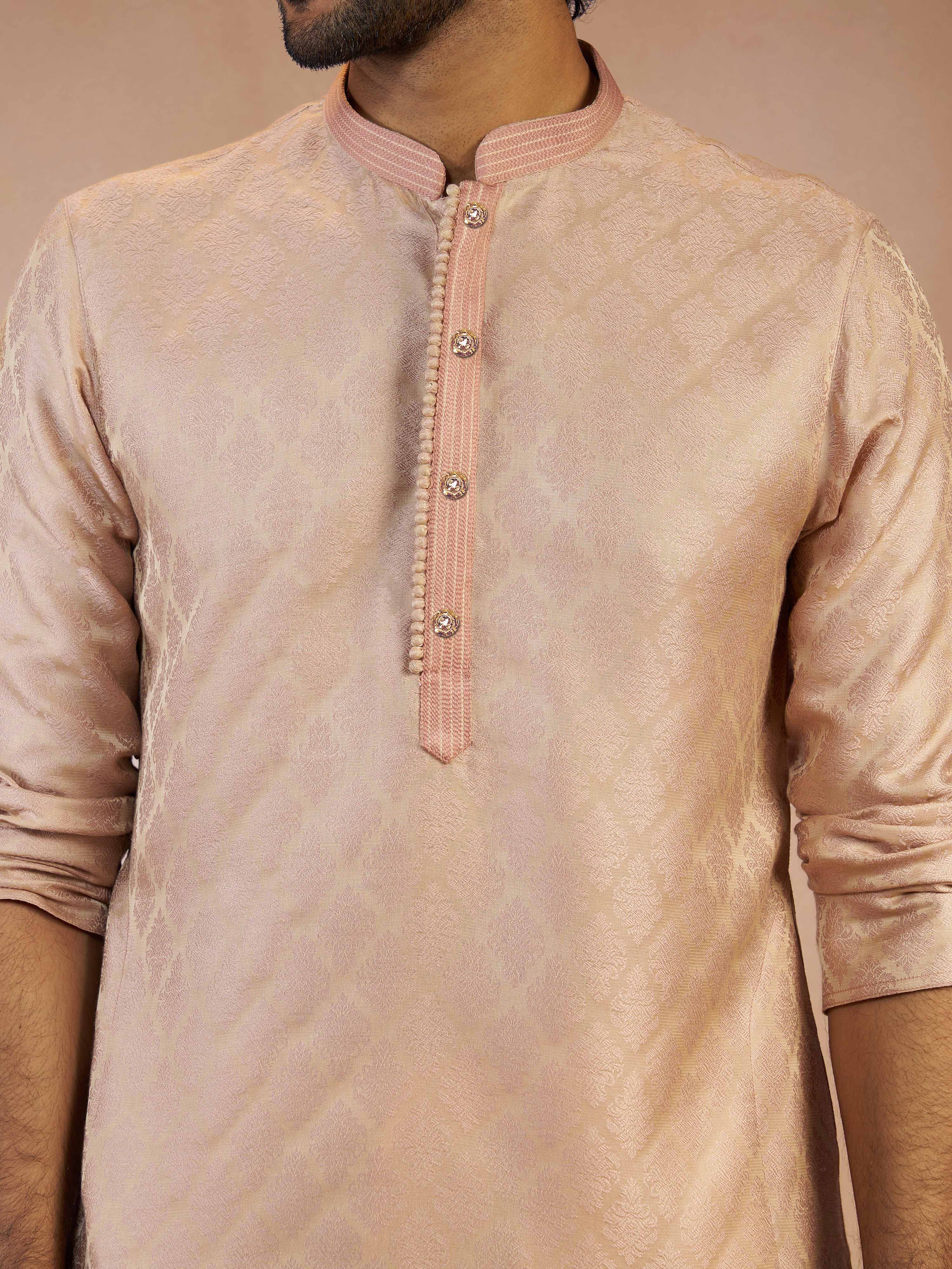 Men's Peach Silk Blend Jacquard Thread Embroidery Long Kurta with Cream Viscose Pyjama Set - Image 2