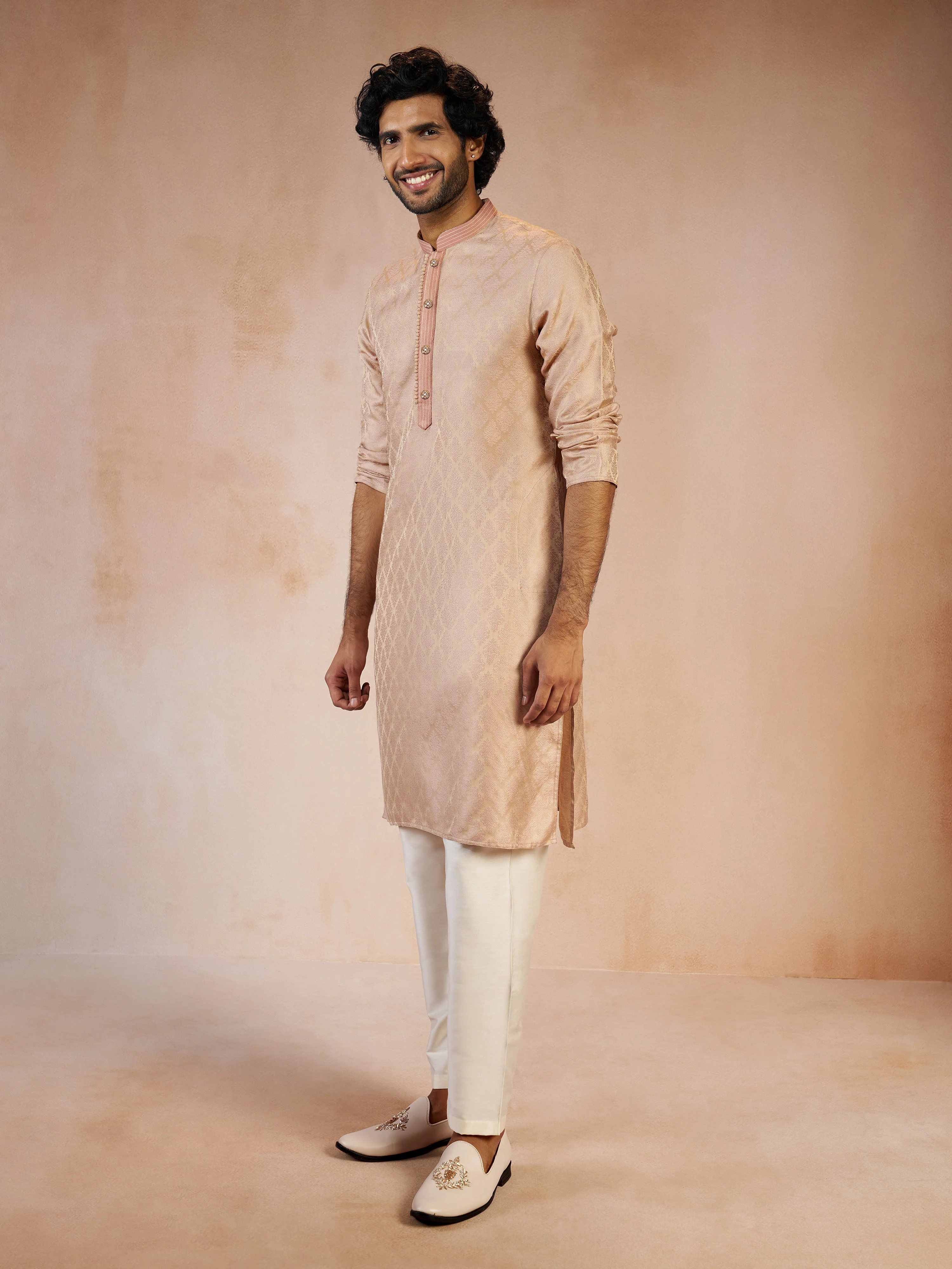 Men's Peach Silk Blend Jacquard Thread Embroidery Long Kurta with Cream Viscose Pyjama Set - Image 3