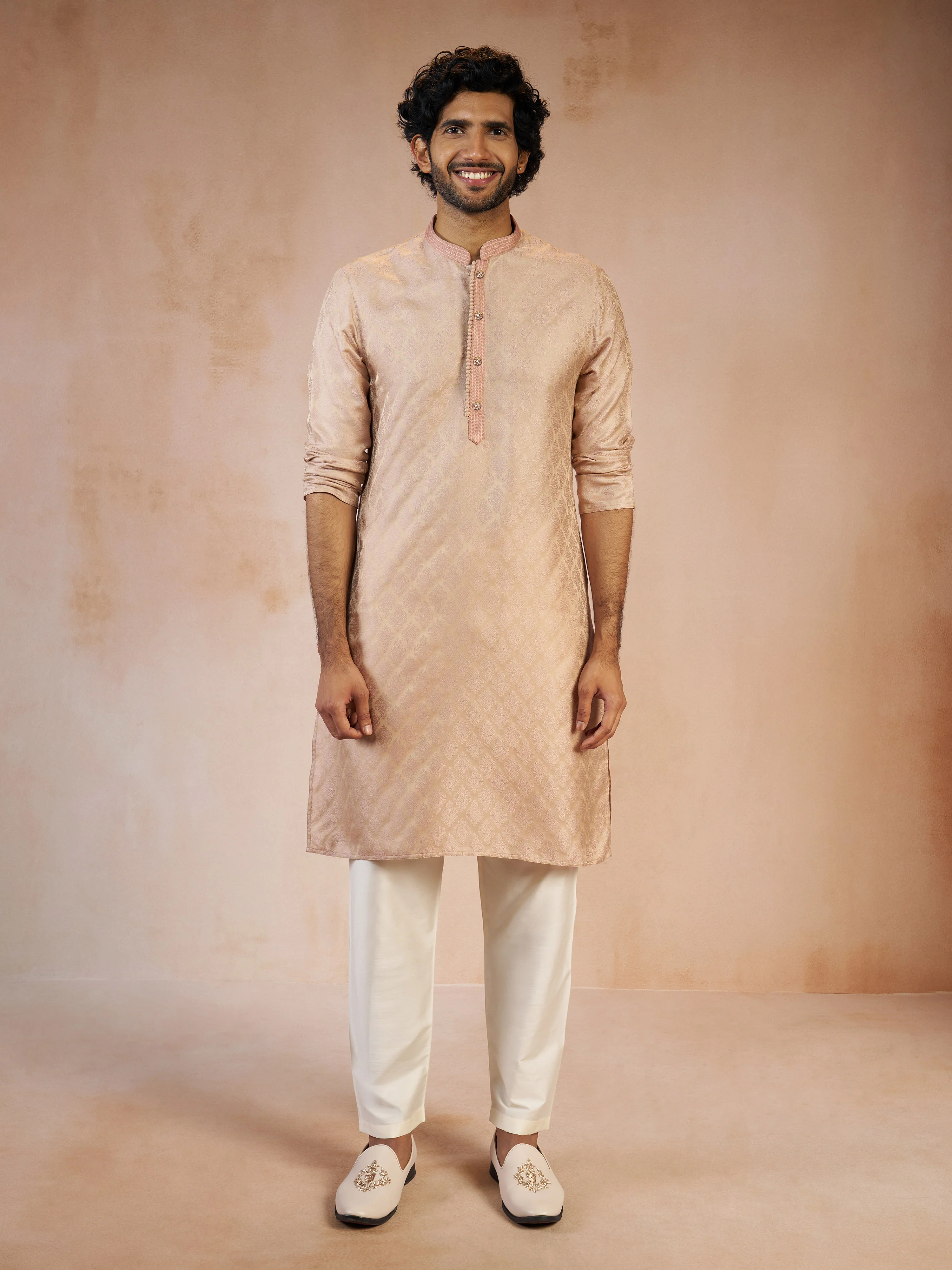 Men's Peach Silk Blend Jacquard Thread Embroidery Long Kurta with Cream Viscose Pyjama Set - Image 4