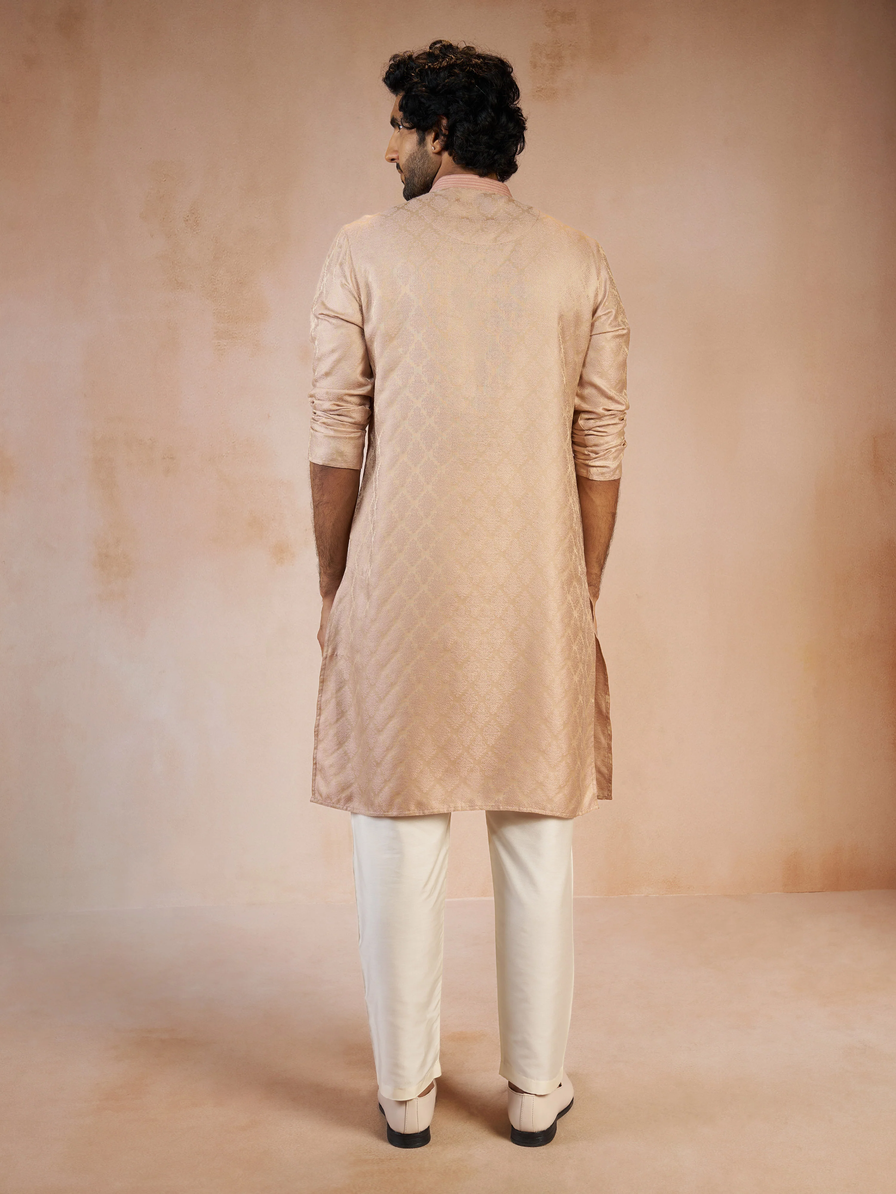 Men's Peach Silk Blend Jacquard Thread Embroidery Long Kurta with Cream Viscose Pyjama Set - Image 5