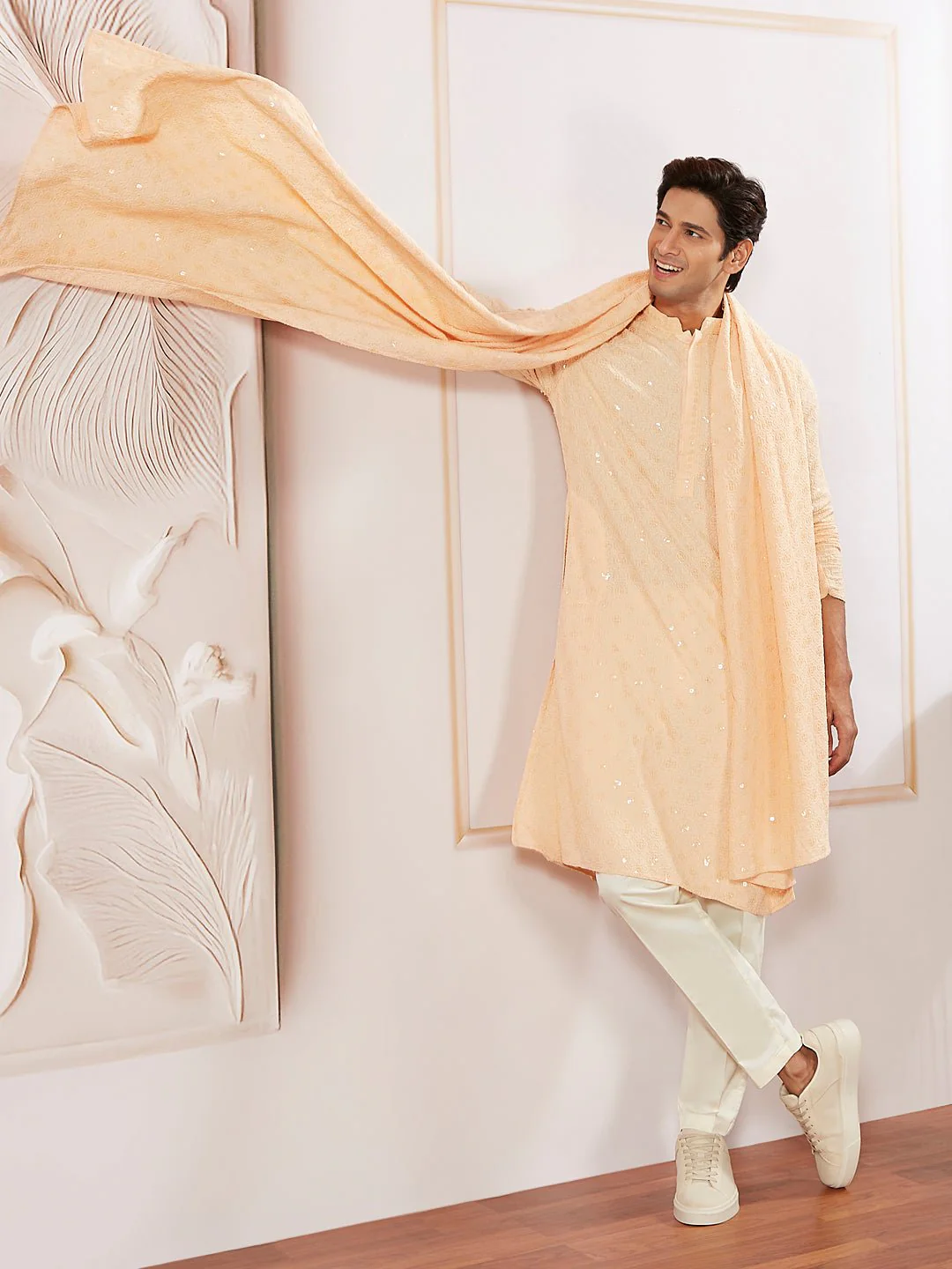 Men Peach Silk Blend Embroidered Dupatta - Image 5