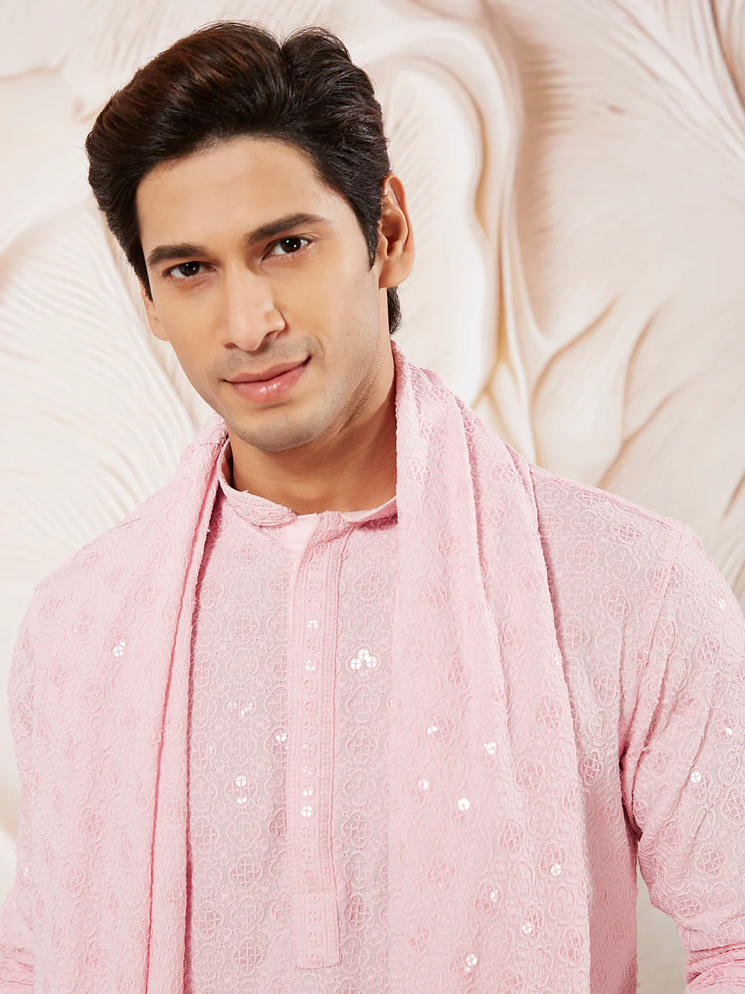 Men's Pink Chikankari Silk Kurta with Silk Dupatta Set - Image 3
