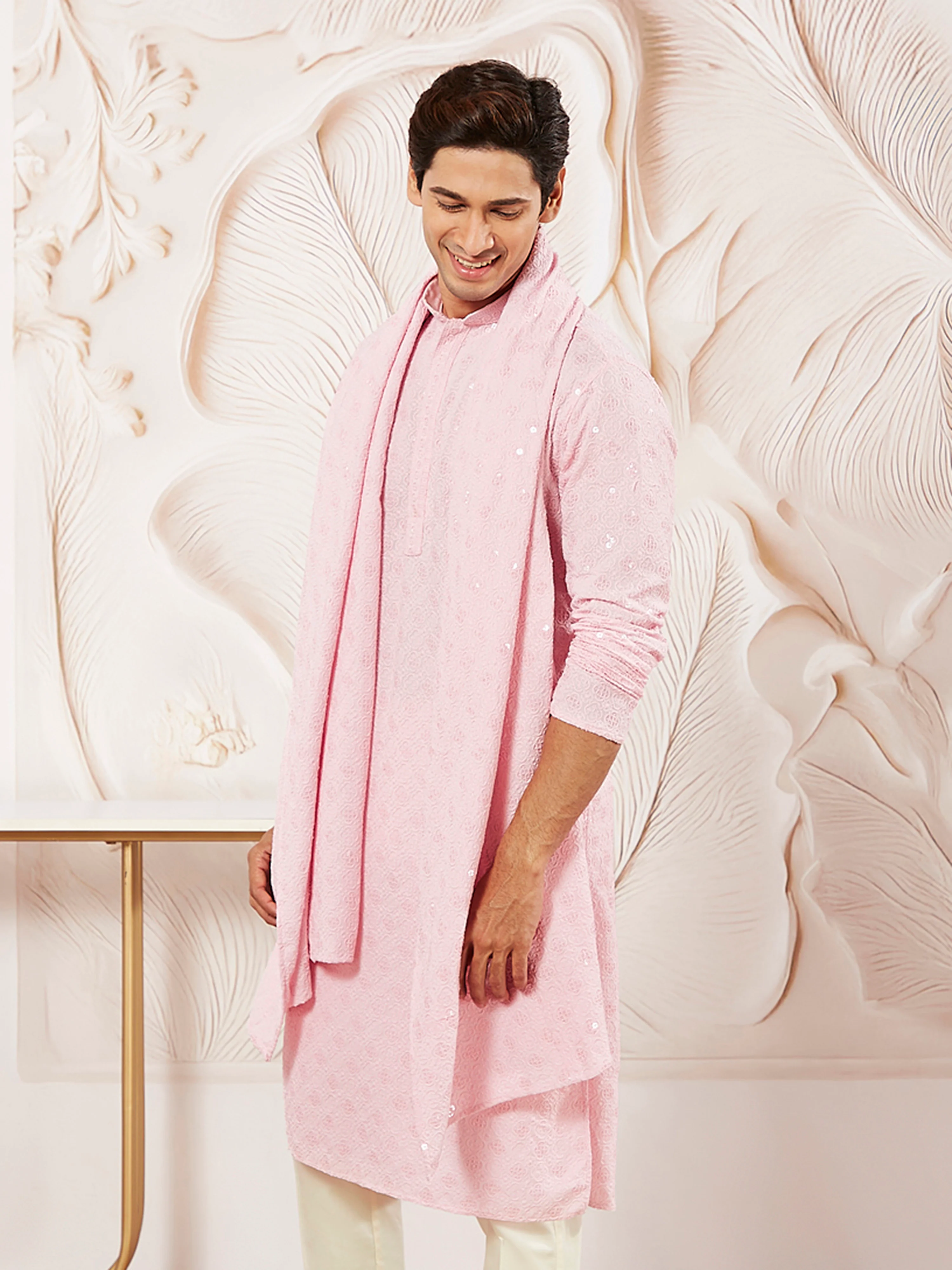 Men's Pink Chikankari Silk Kurta with Silk Dupatta Set - Image 4