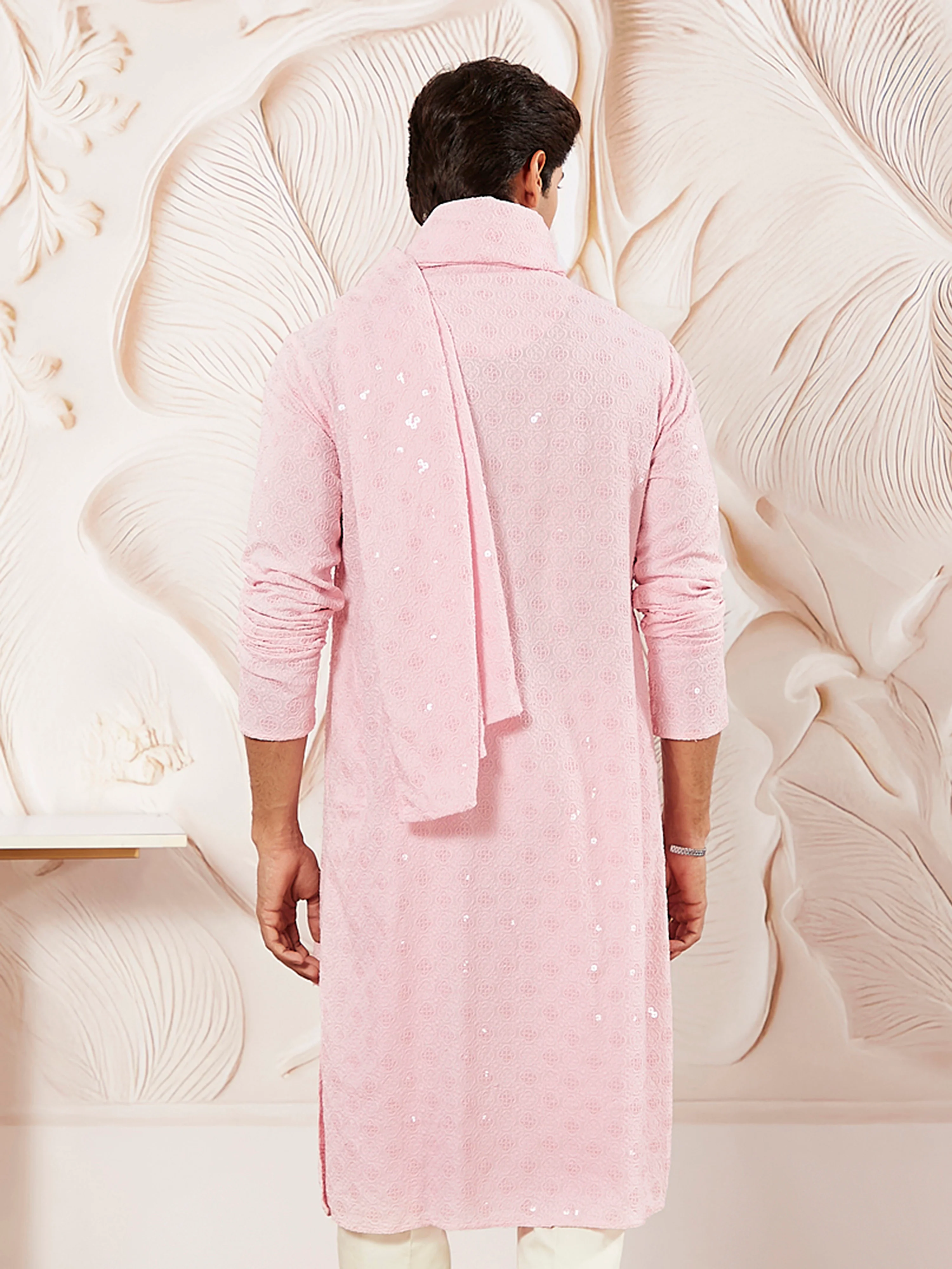 Men's Pink Chikankari Silk Kurta with Silk Dupatta Set - Image 5