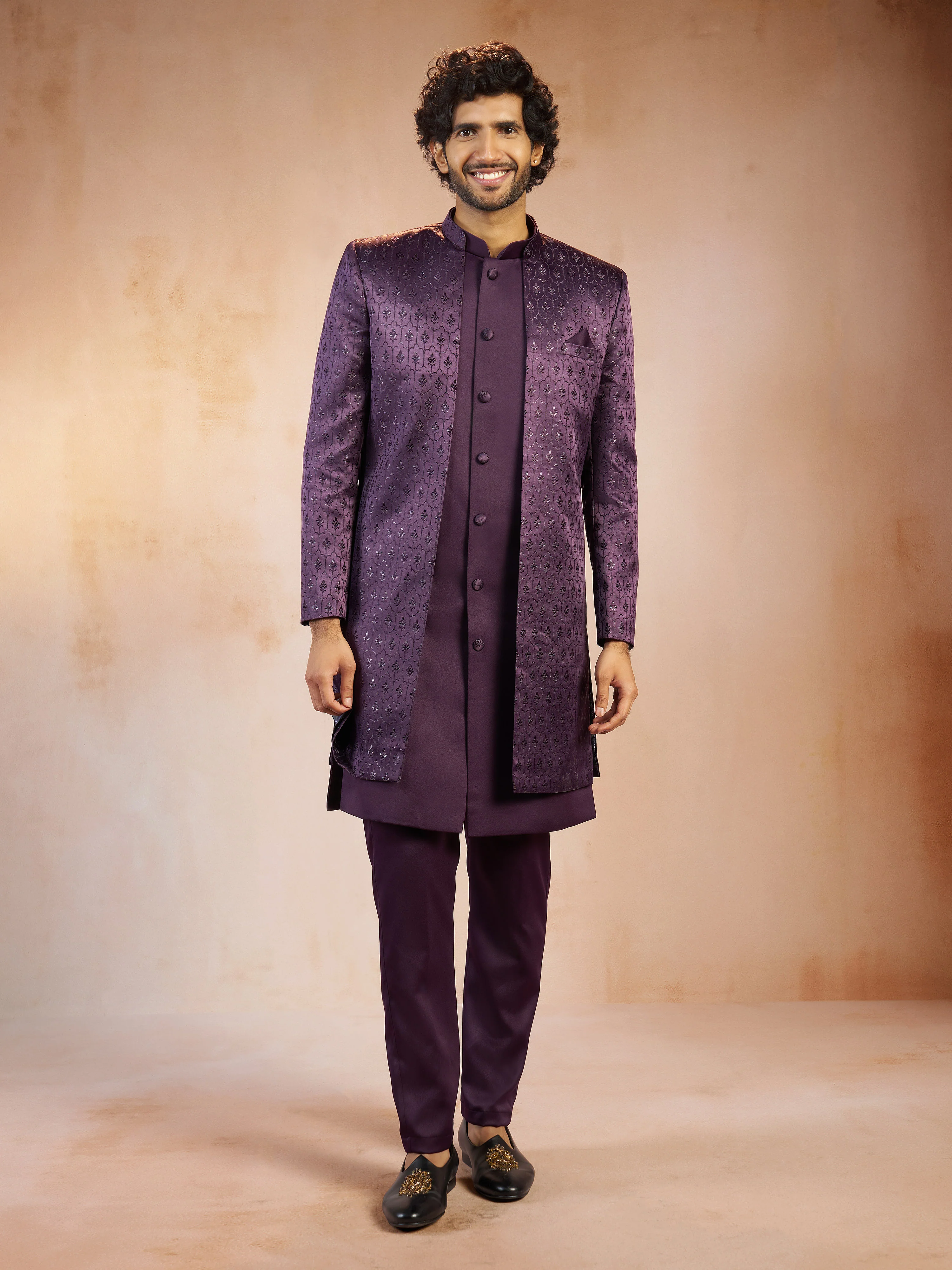Men's Purple Self Design Jacquard Silk Blend Sherwani Jacket with Matching Pant Set - Image 3