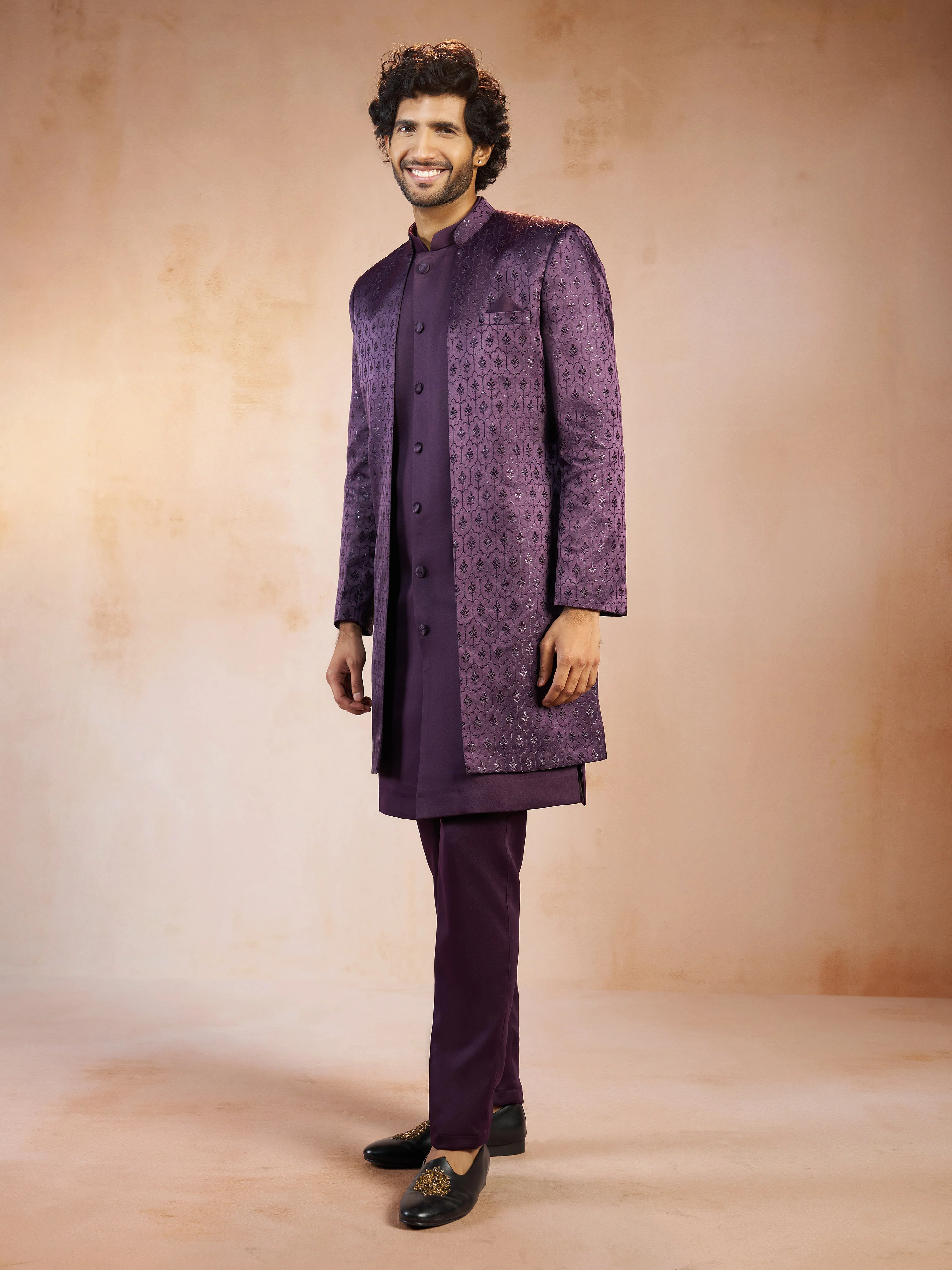 Men's Purple Self Design Jacquard Silk Blend Sherwani Jacket with Matching Pant Set - Image 4