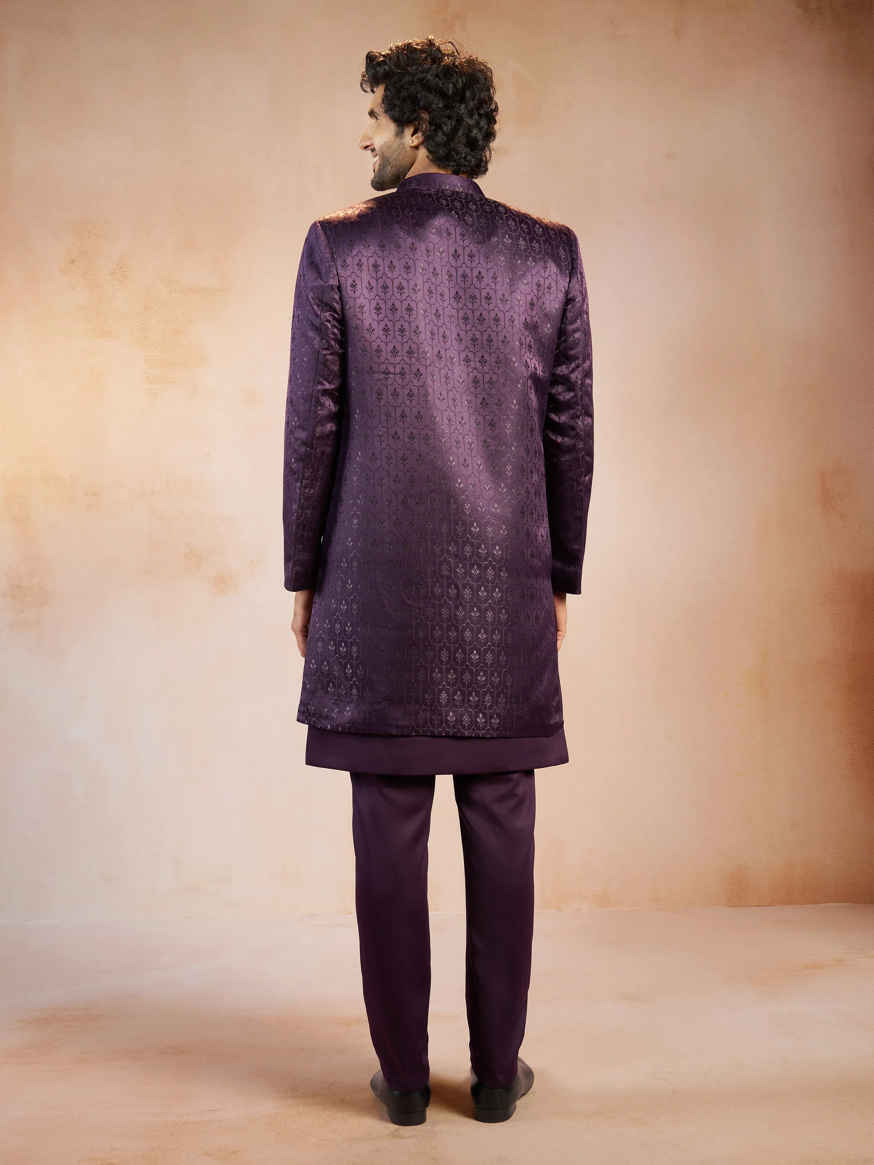 Men's Purple Self Design Jacquard Silk Blend Sherwani Jacket with Matching Pant Set - Image 5