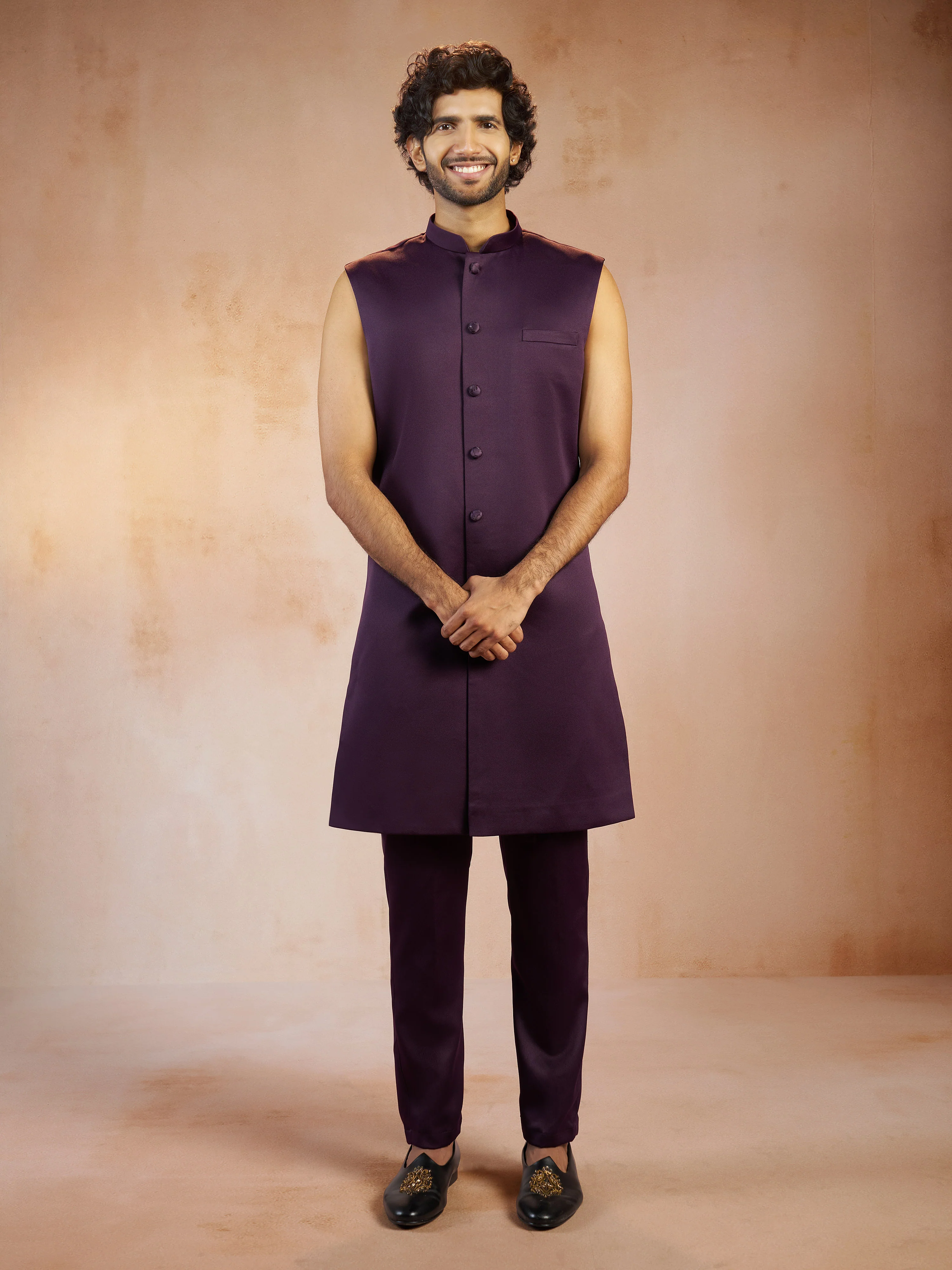 Men's Purple Self Design Jacquard Silk Blend Sherwani Jacket with Matching Pant Set - Image 6