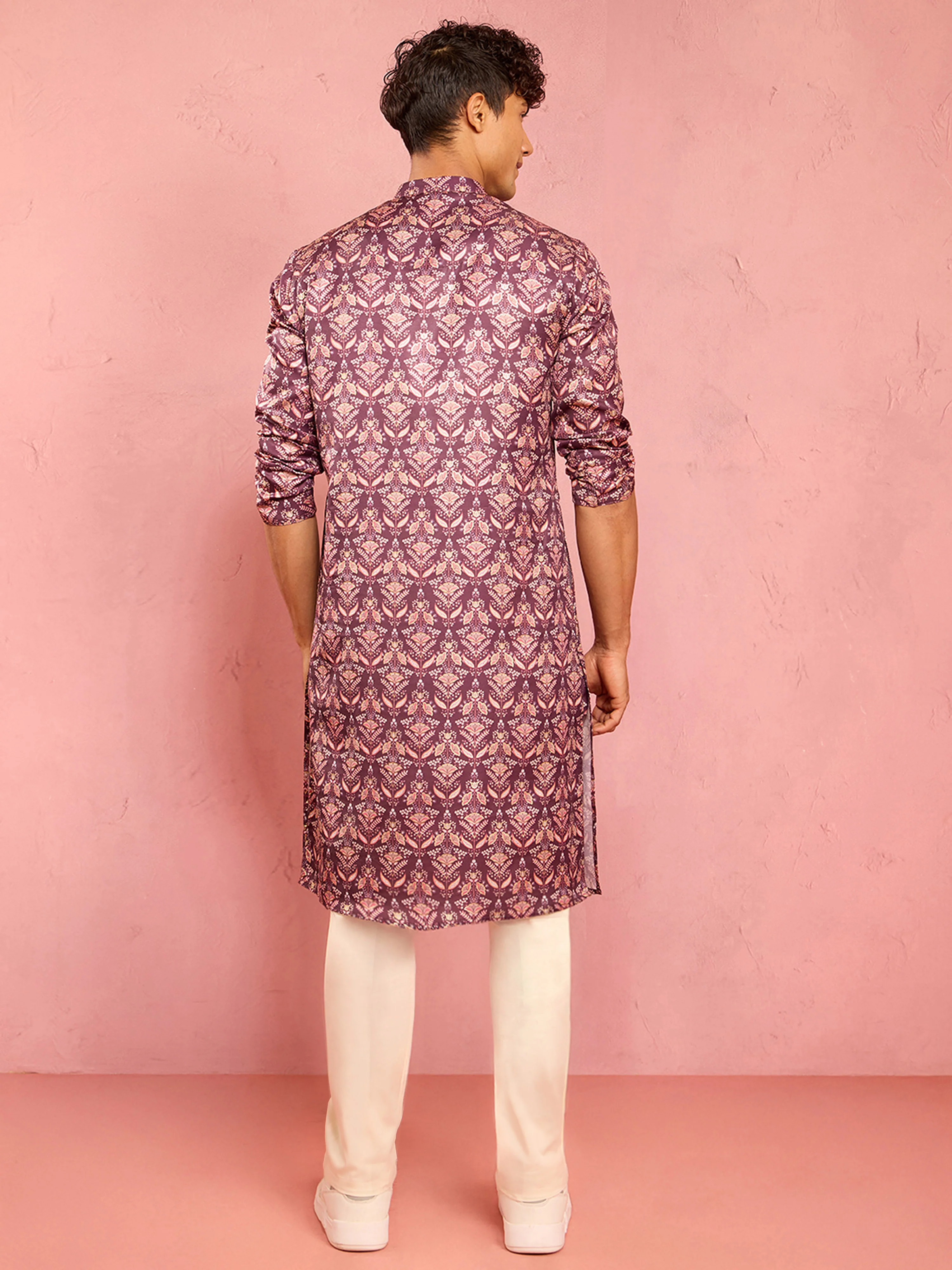Men's Purple Silk Blend Floral Foil Print Kurta with Cream Pant Style Pyjama Set - Image 5