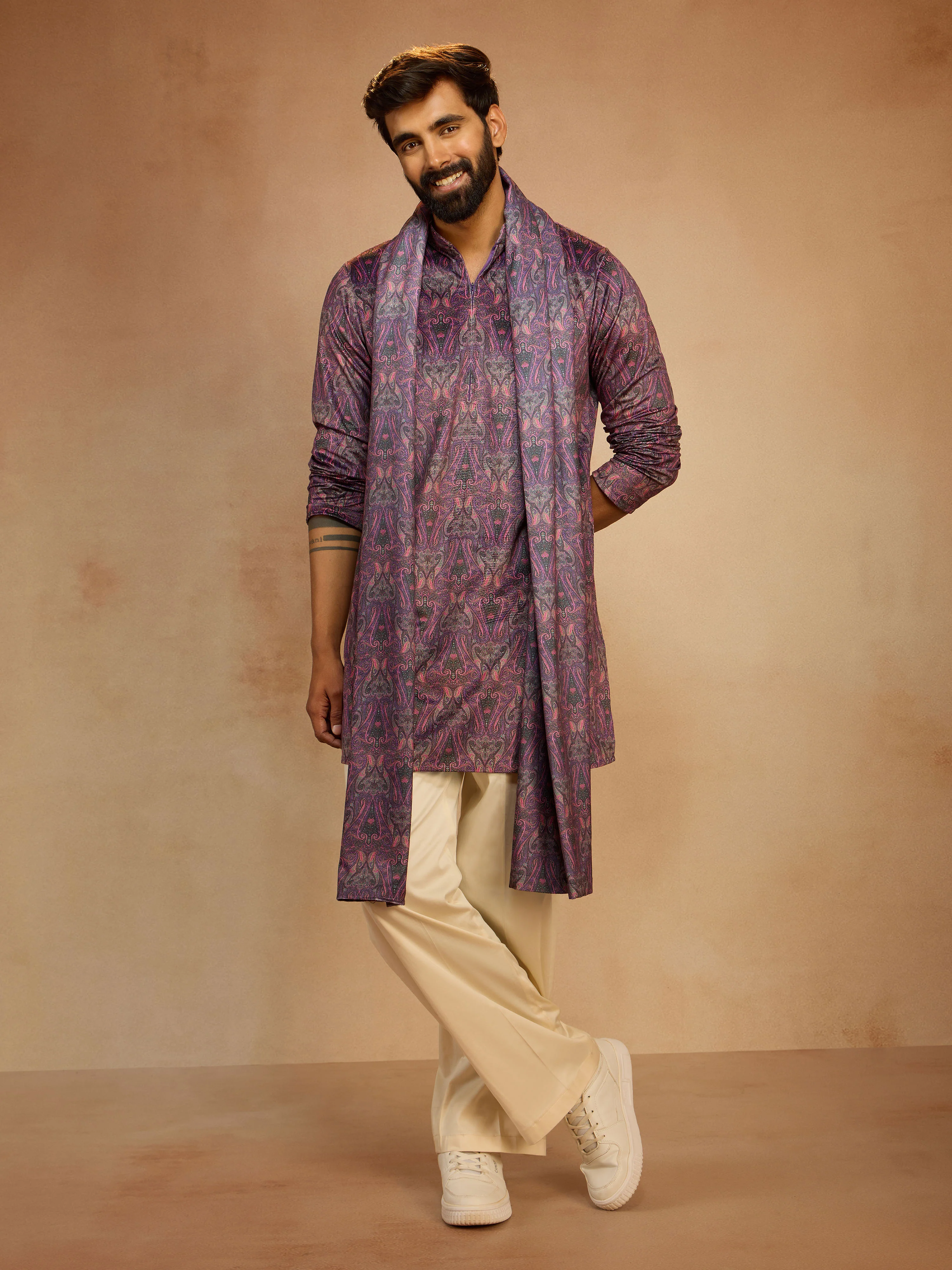 Men's Purple Velvet Digital Print Kurta with Palazzo Pant & Matching Dupatta Set