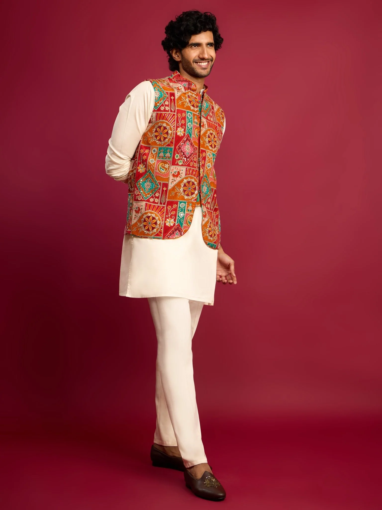 Men's Red Embroidered Nehru Jacket with Cream Kurta & Pant Set - Image 4
