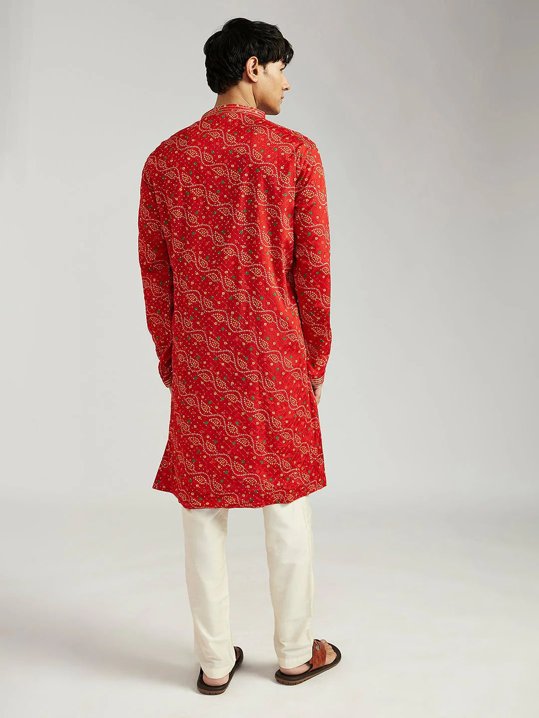Men's Red Pure Chinon Bandhani Kurta with Cream Satin Pyjama - Image 5