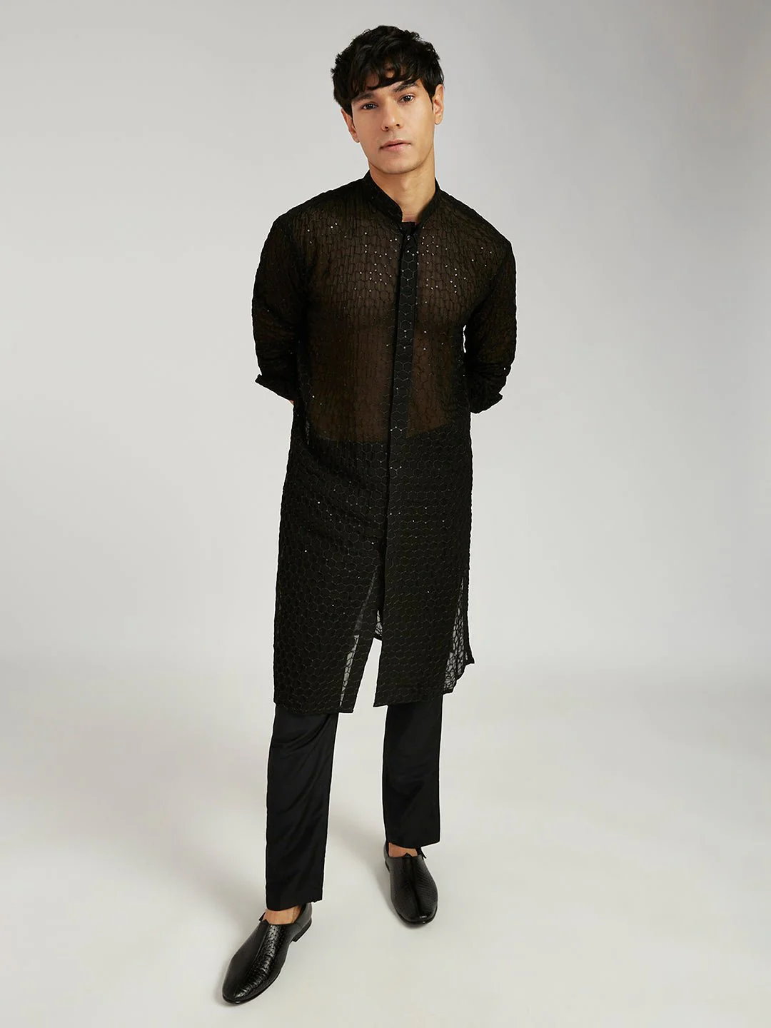 Men's Black Jacquard Kurta with Satin Pyjama and Embroidered Georgette Dupatta - Image 2