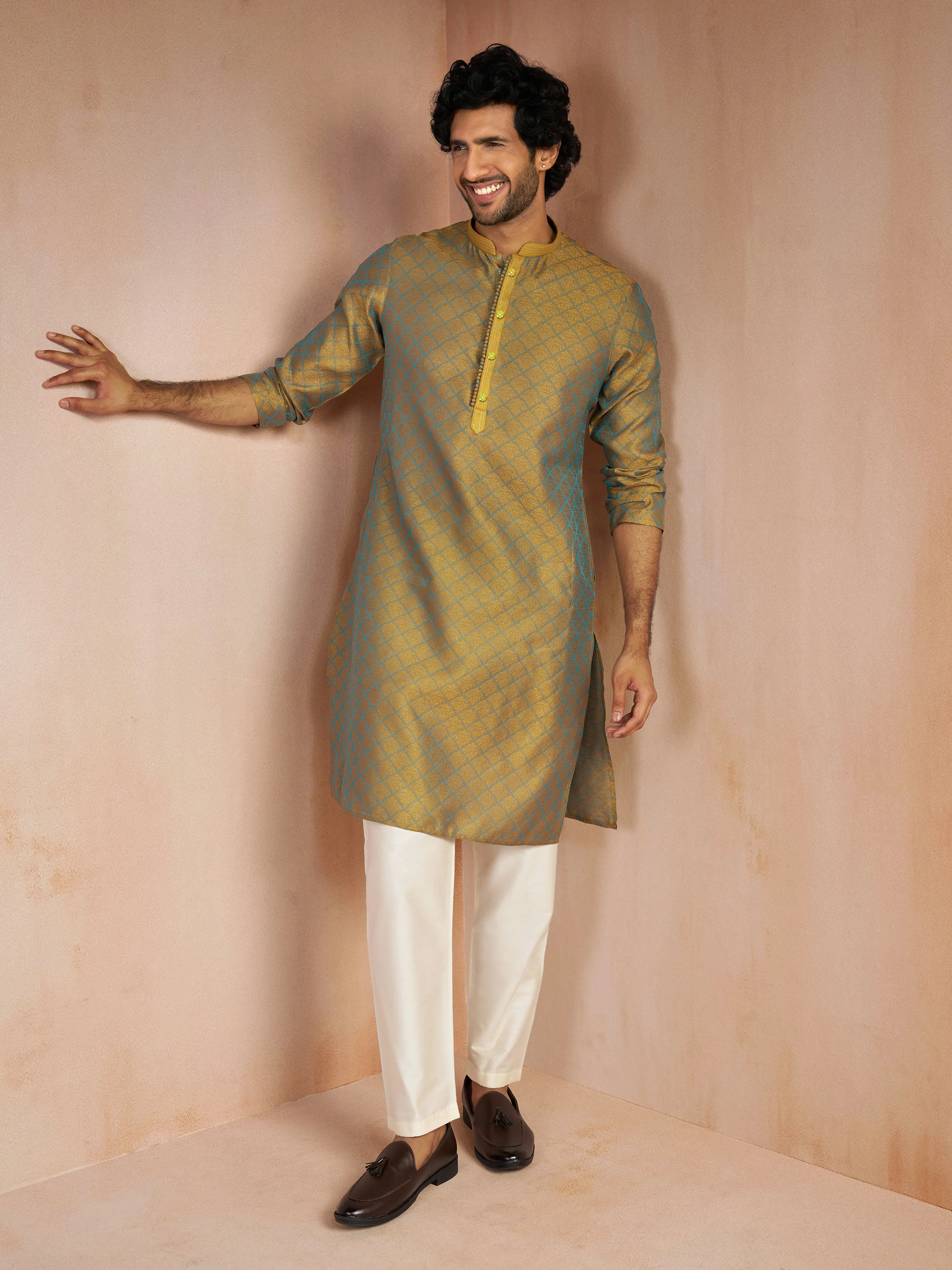 Men's Turquoise Silk Blend Jacquard Thread Sequin Embroidery Long Kurta with Cream Viscose Pyjama Set