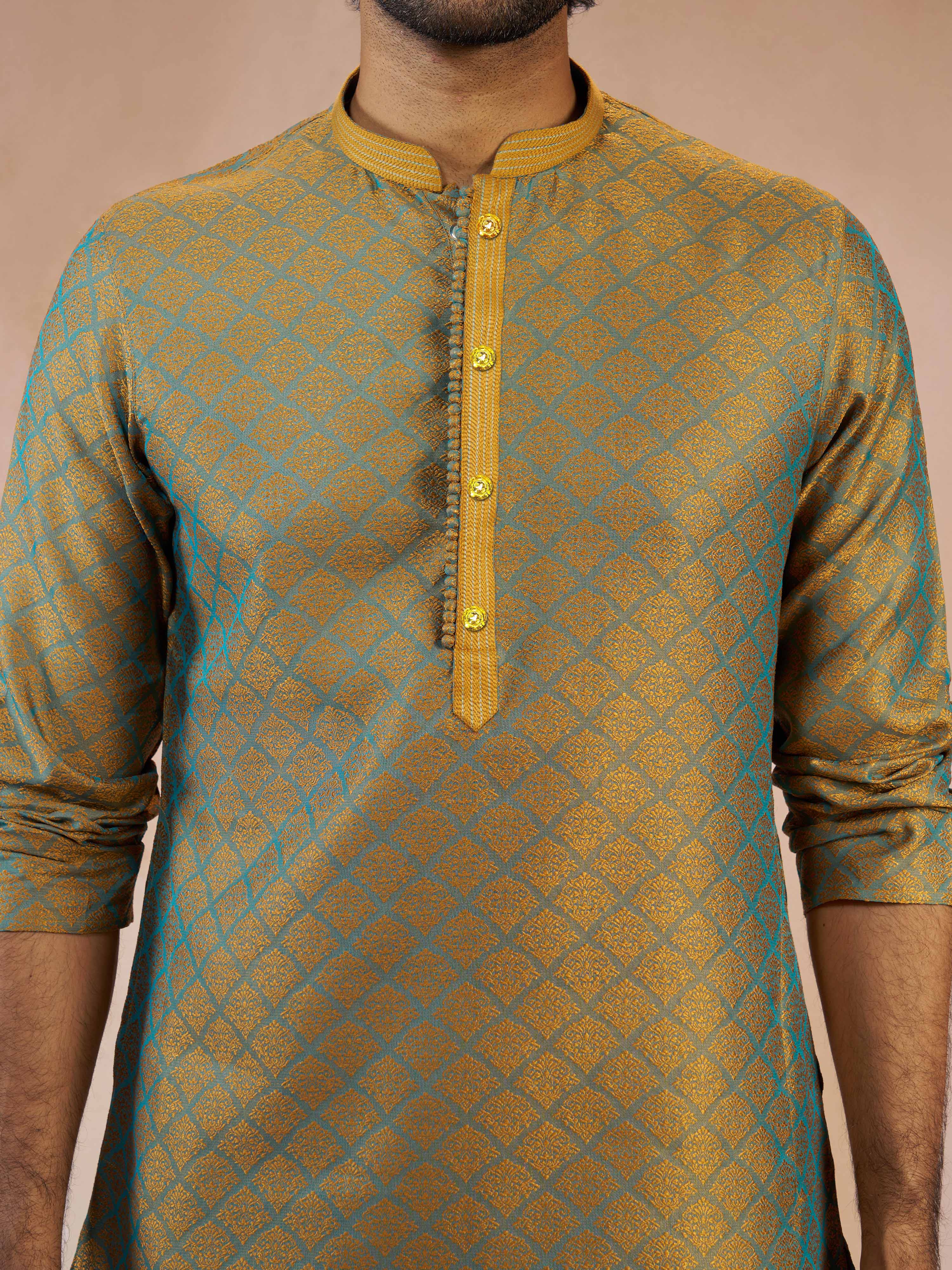 Men's Turquoise Silk Blend Jacquard Thread Sequin Embroidery Long Kurta with Cream Viscose Pyjama Set - Image 2