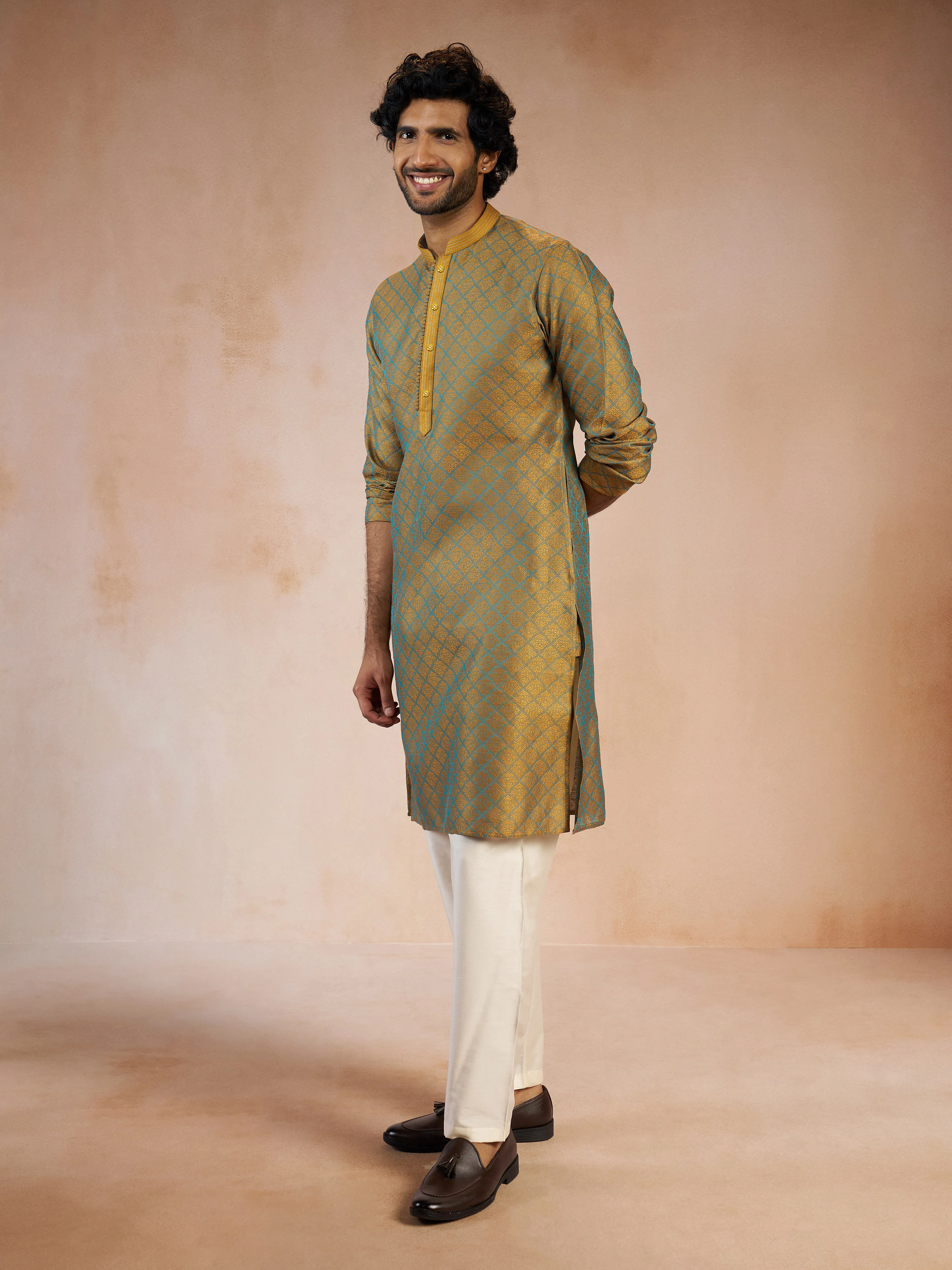 Men's Turquoise Silk Blend Jacquard Thread Sequin Embroidery Long Kurta with Cream Viscose Pyjama Set - Image 3