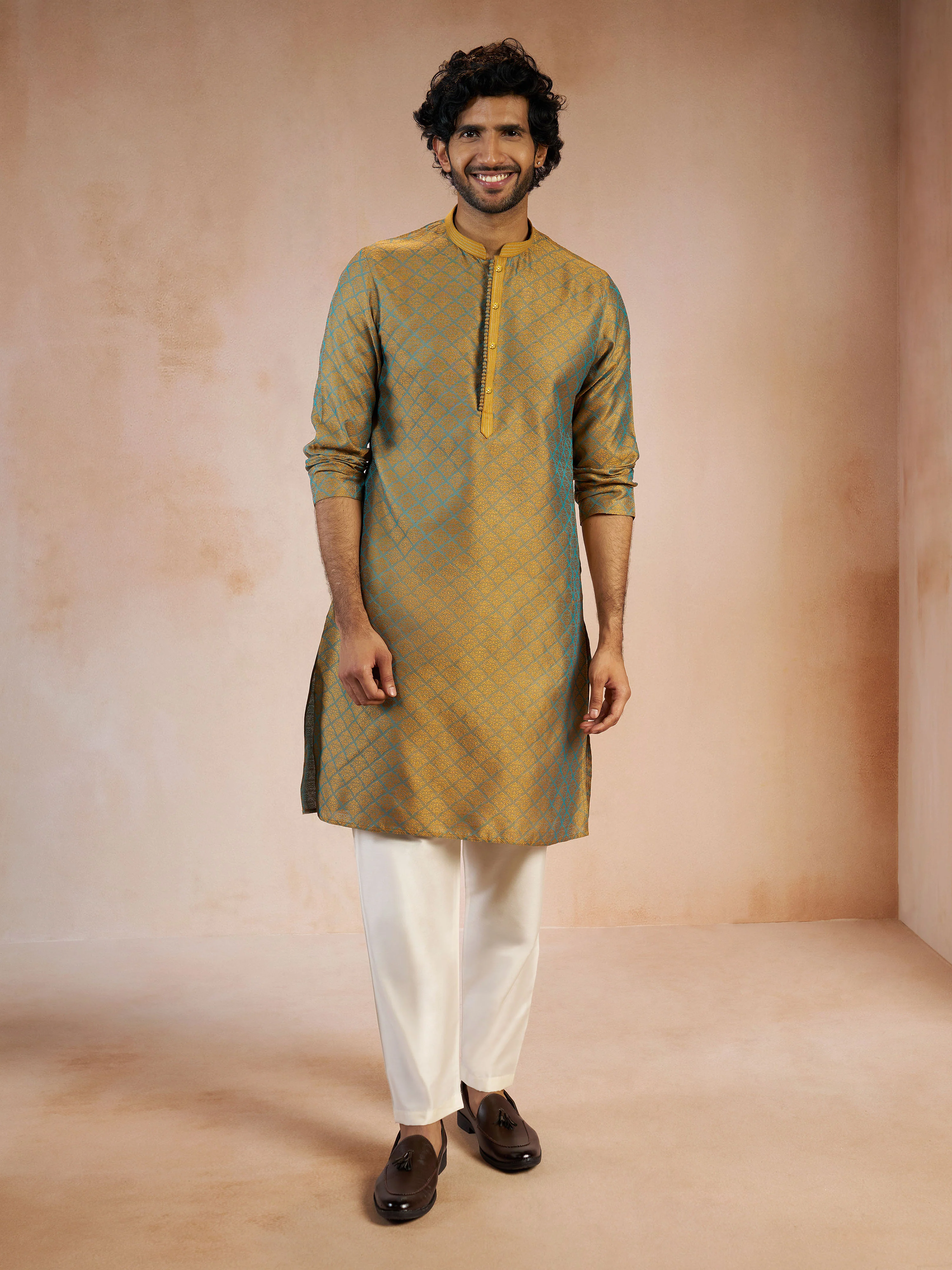 Men's Turquoise Silk Blend Jacquard Thread Sequin Embroidery Long Kurta with Cream Viscose Pyjama Set - Image 4