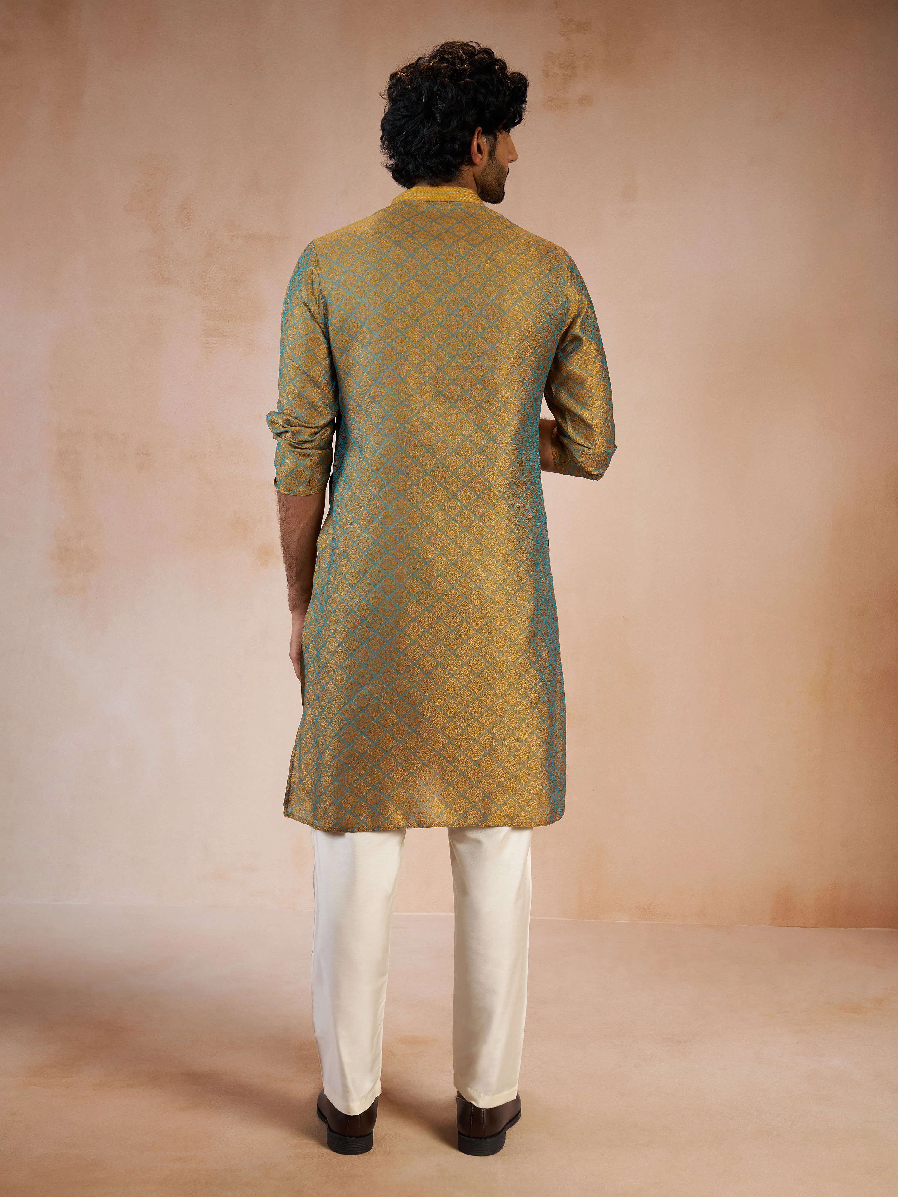 Men's Turquoise Silk Blend Jacquard Thread Sequin Embroidery Long Kurta with Cream Viscose Pyjama Set - Image 5