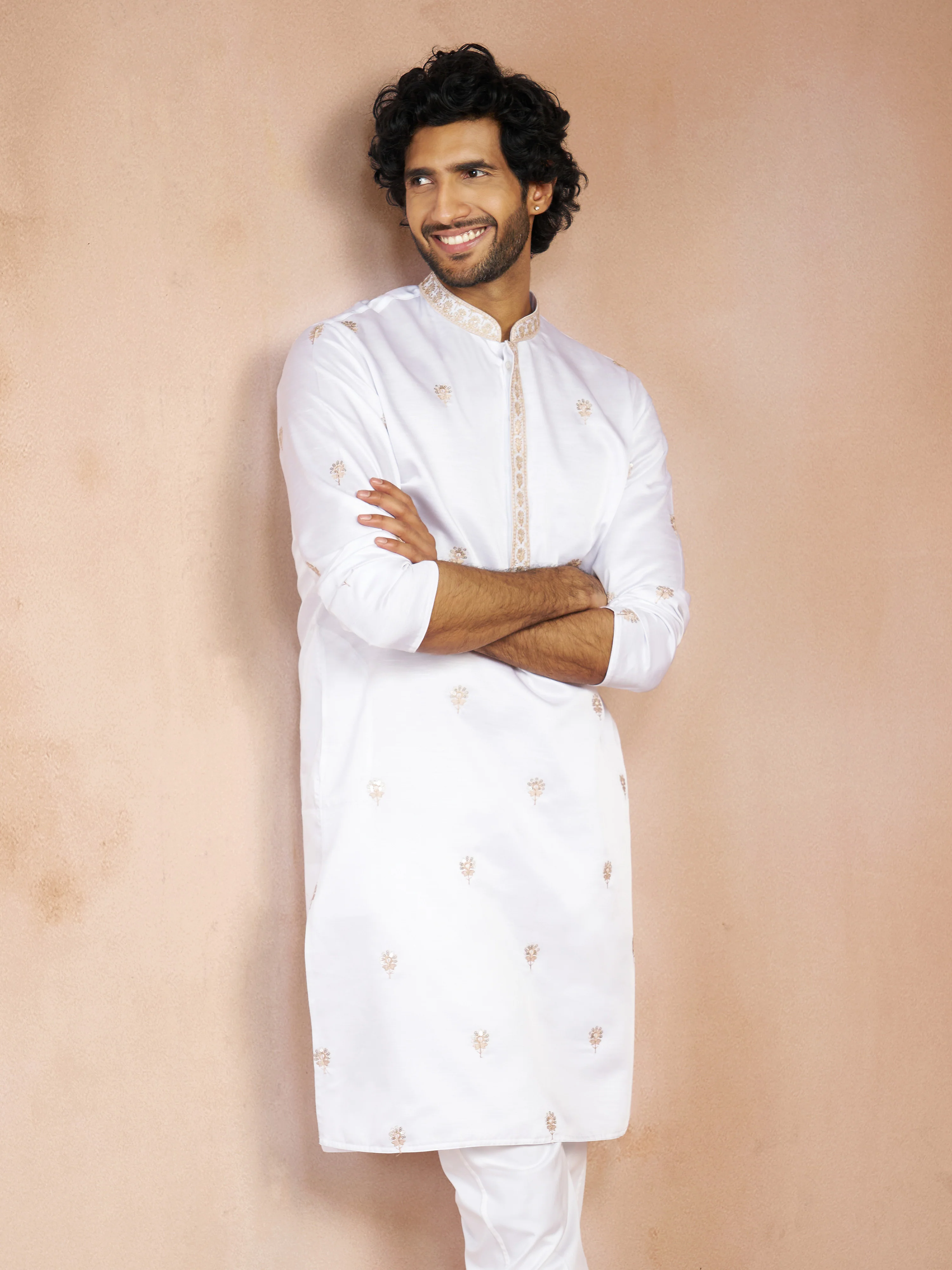 Men's White Floral Sequin & Thread Embroidered Silk Blend Long Kurta with Crepe Lining