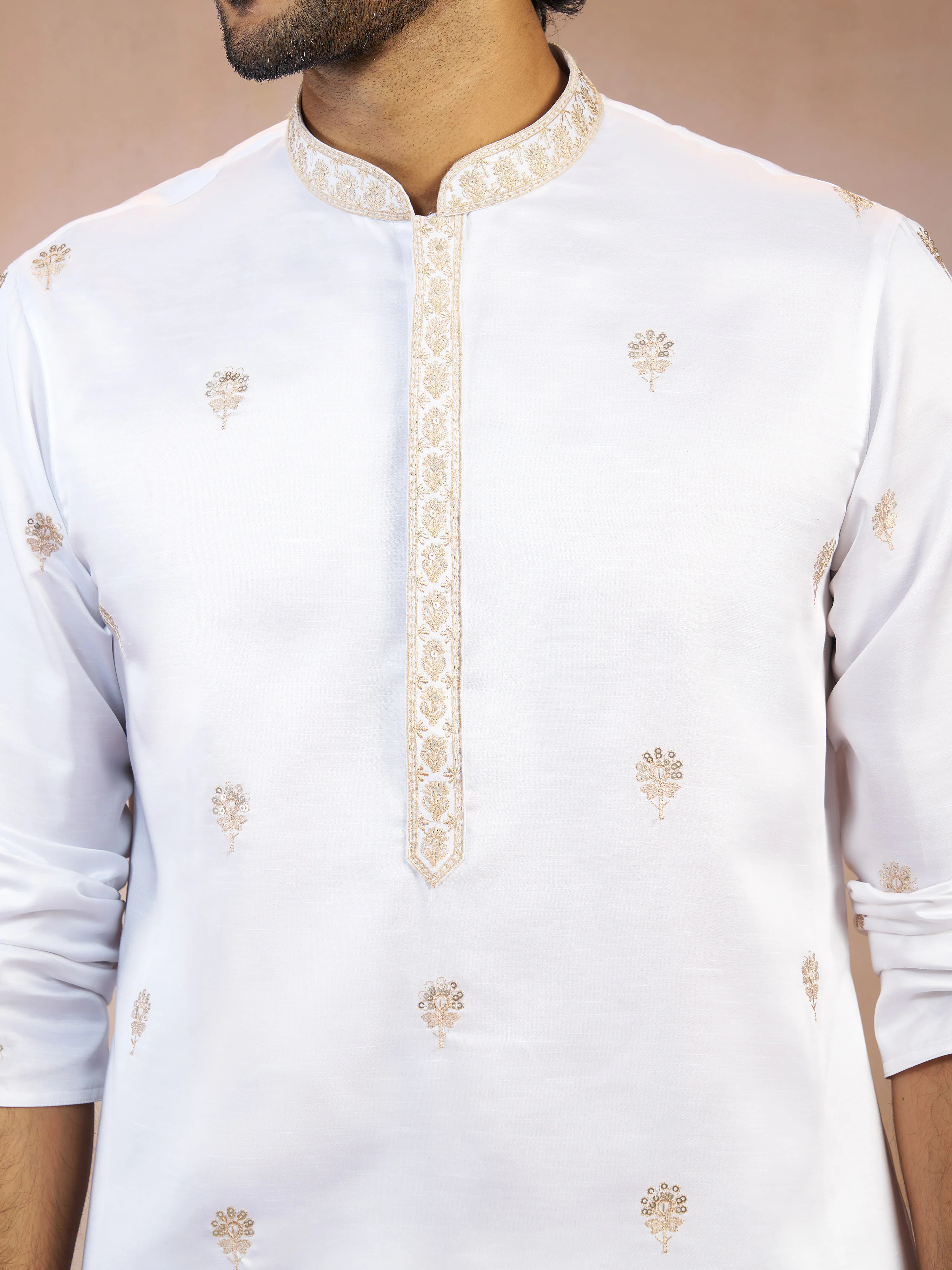 Men's White Floral Sequin & Thread Embroidered Silk Blend Long Kurta with Crepe Lining - Image 2