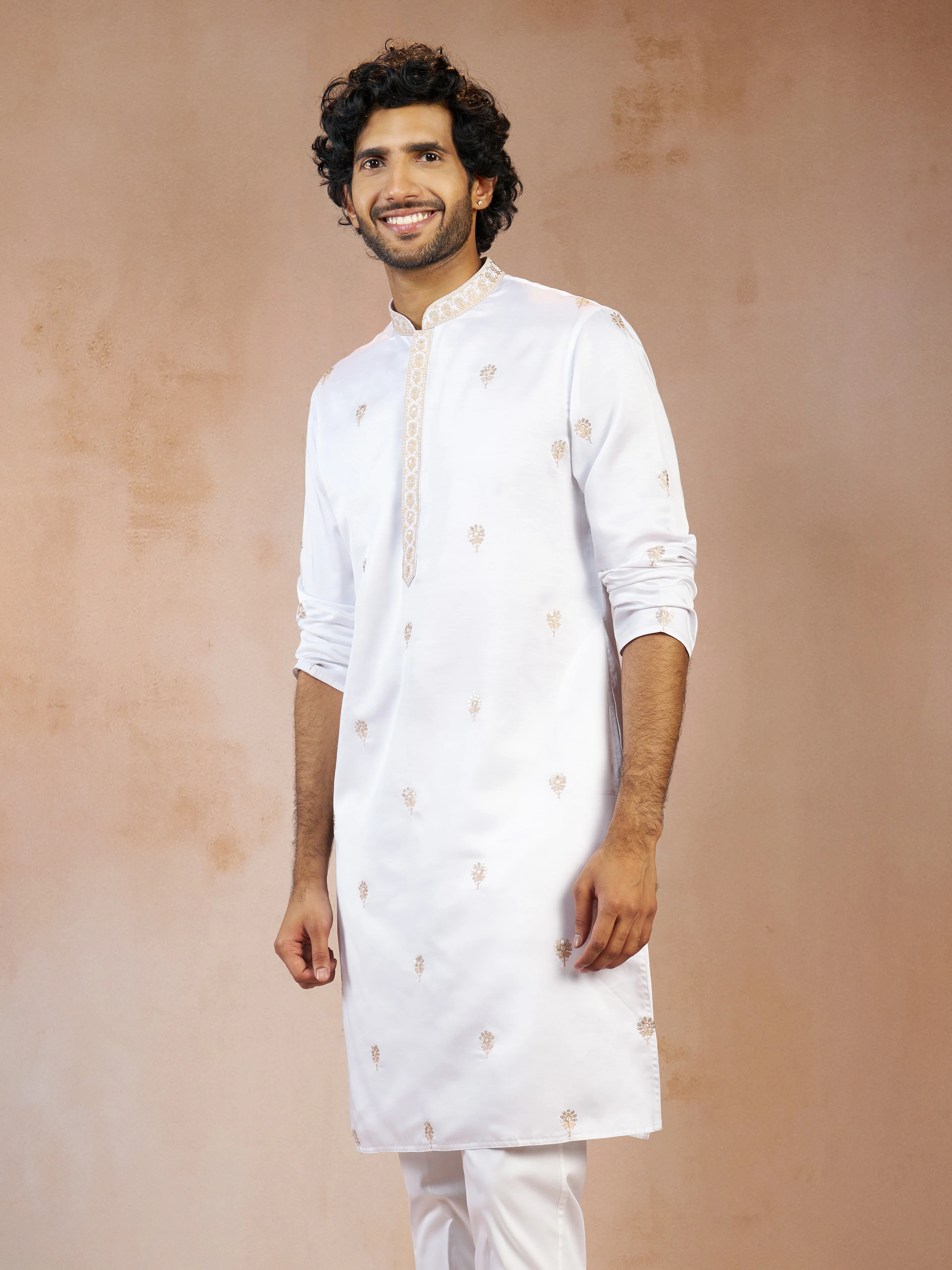 Men's White Floral Sequin & Thread Embroidered Silk Blend Long Kurta with Crepe Lining - Image 3