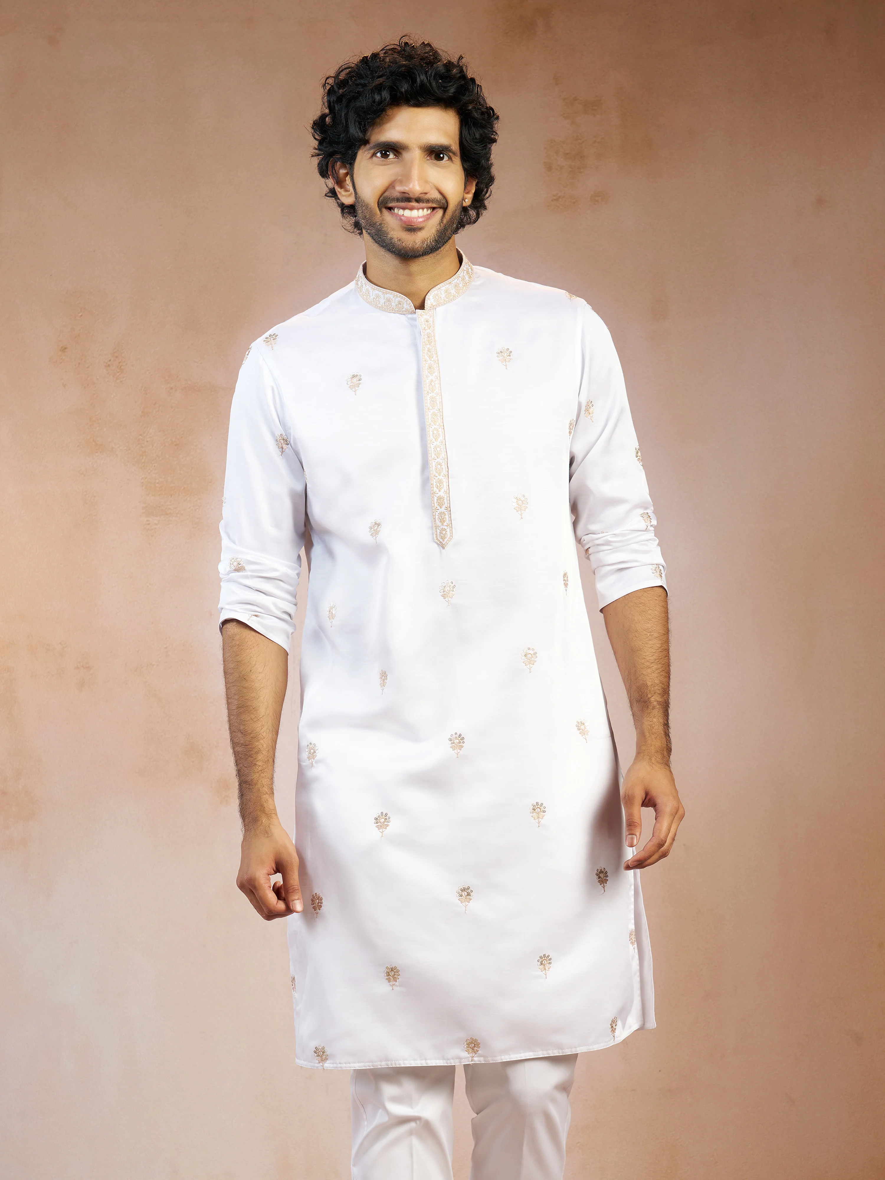 Men's White Floral Sequin & Thread Embroidered Silk Blend Long Kurta with Crepe Lining - Image 4