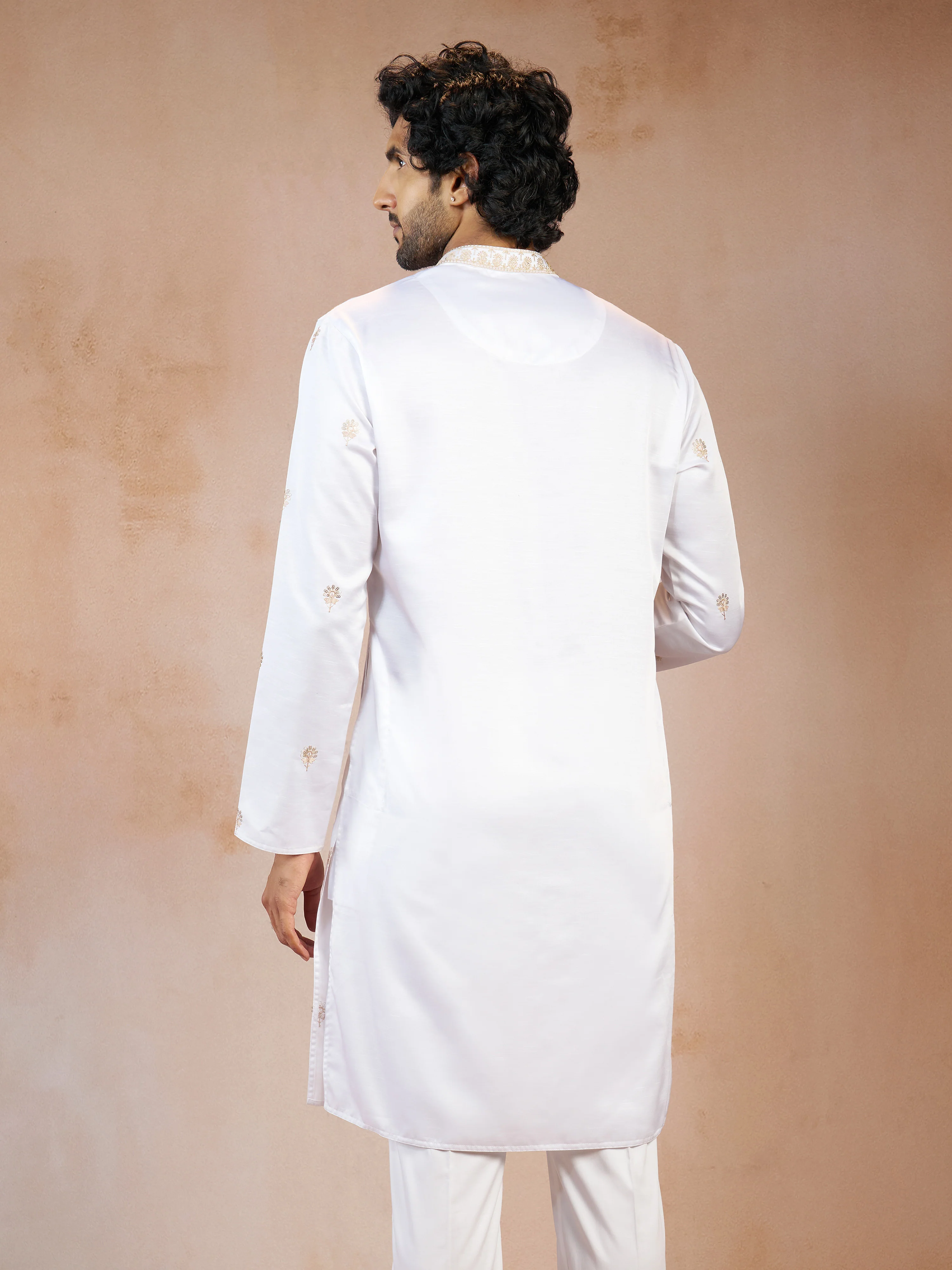 Men's White Floral Sequin & Thread Embroidered Silk Blend Long Kurta with Crepe Lining - Image 5