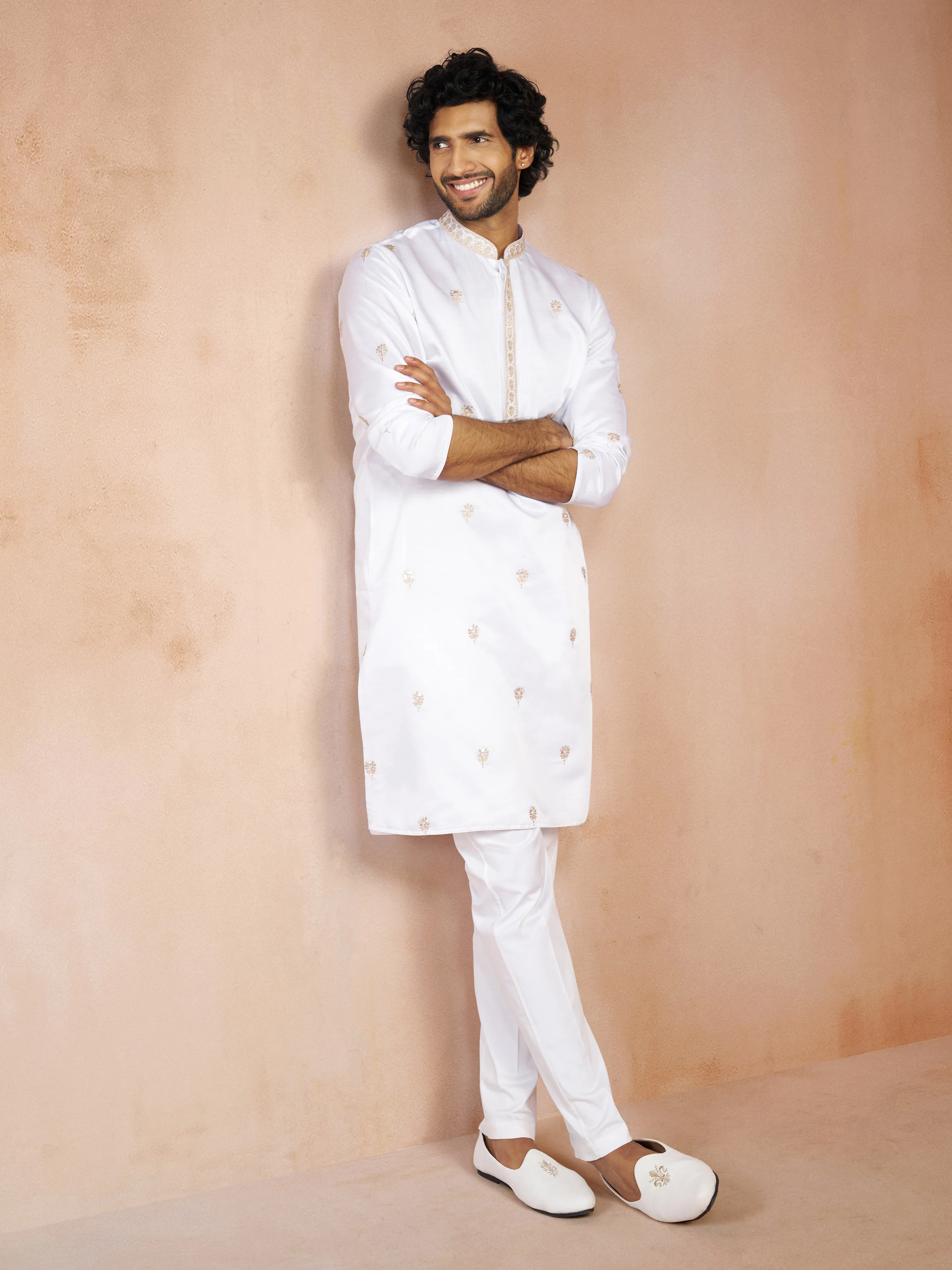 Men's White Floral Sequin & Thread Embroidered Silk Blend Long Kurta with Crepe Lining - Image 6