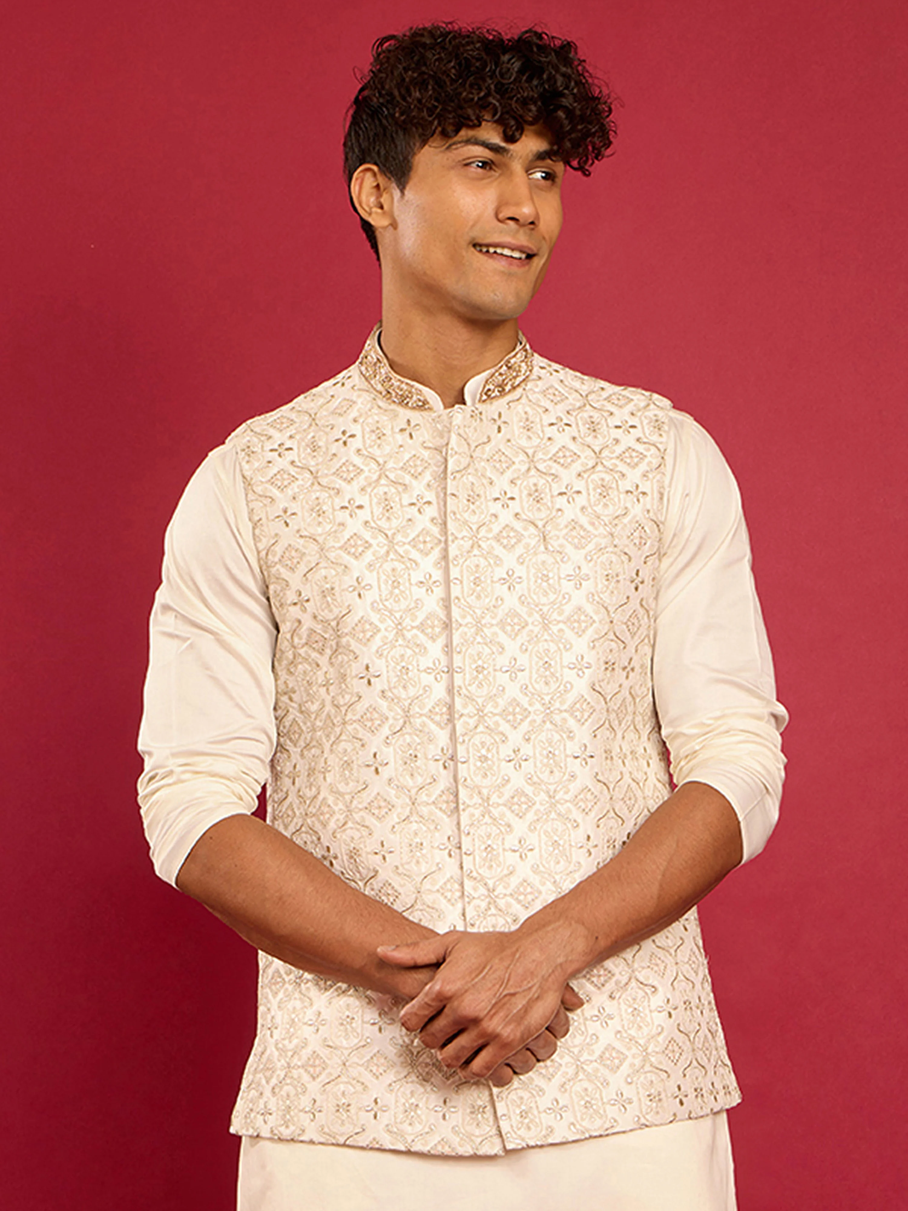 Men's White Silk Blend Thread & Zardozi Embroidered Nehru Jacket - Image 3